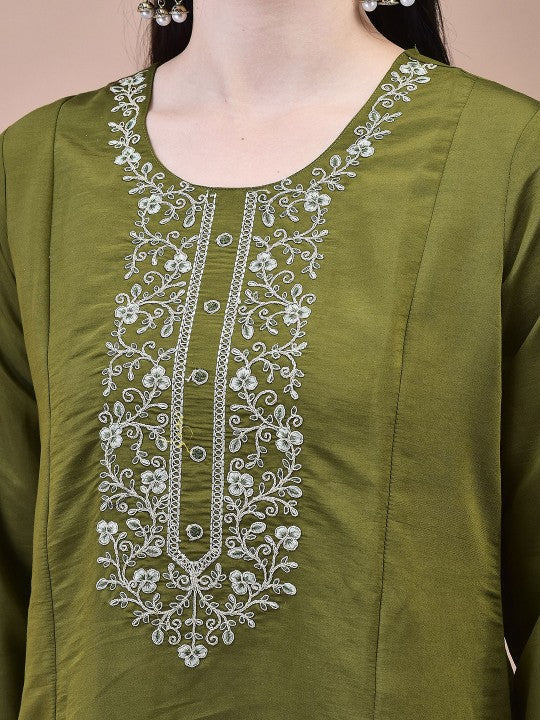 Green Blossom Chinon Silk Kurta Set