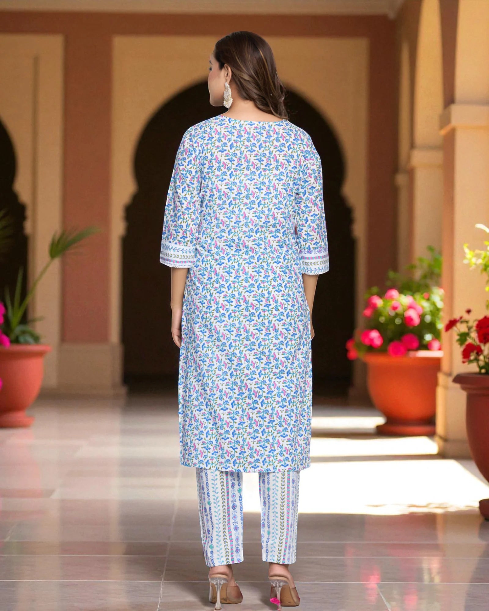 Floral Printed Cotton Kurta Set With Scarf