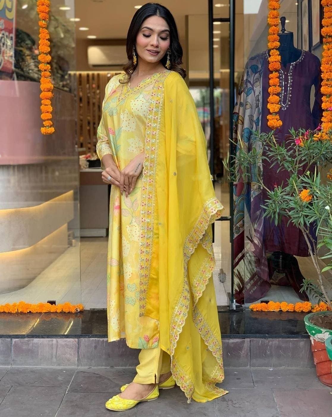 Yellow Chinon Silk Embroidered Kurta Set
