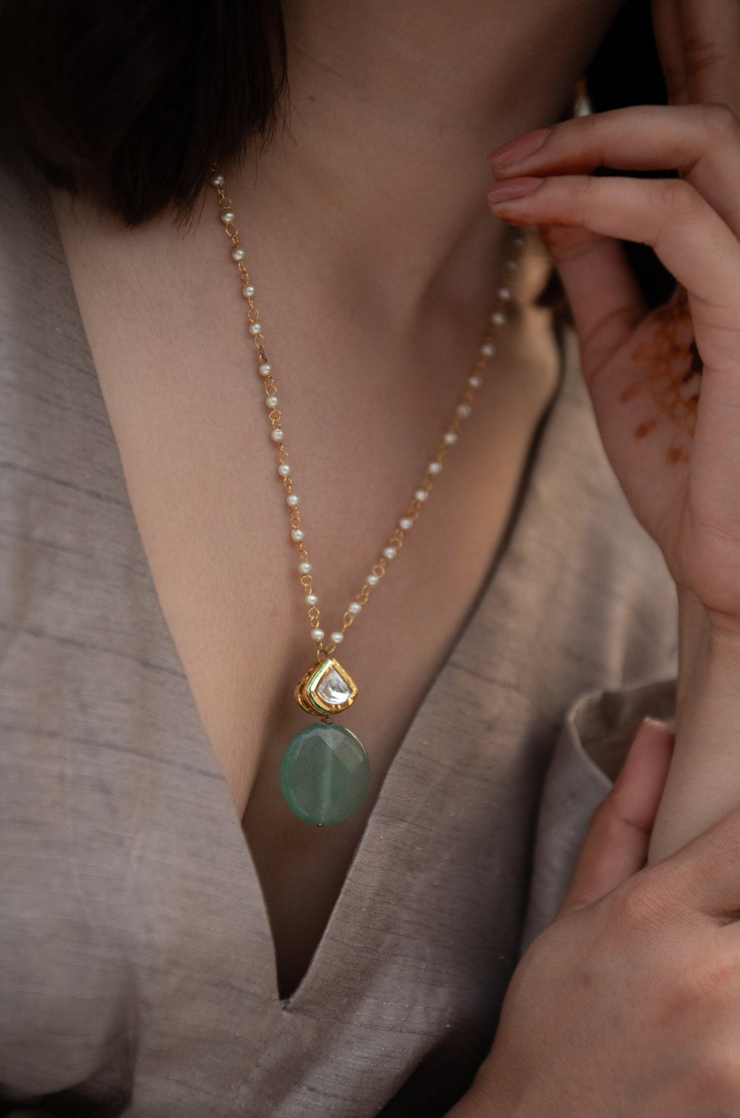 Mint Kundan Pendant Pearl Necklace - Dyulokha