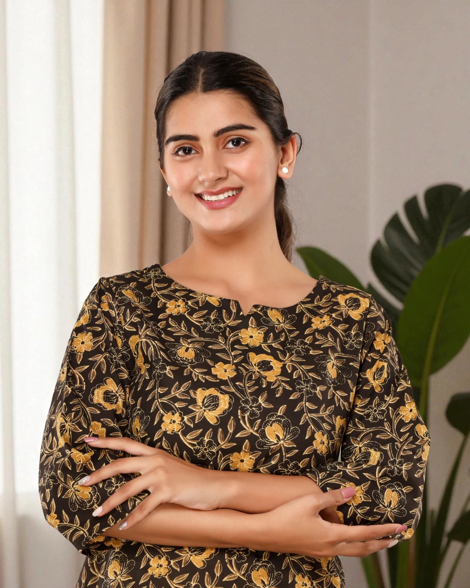 Dark Brown Floral Printed Cotton Night Suit