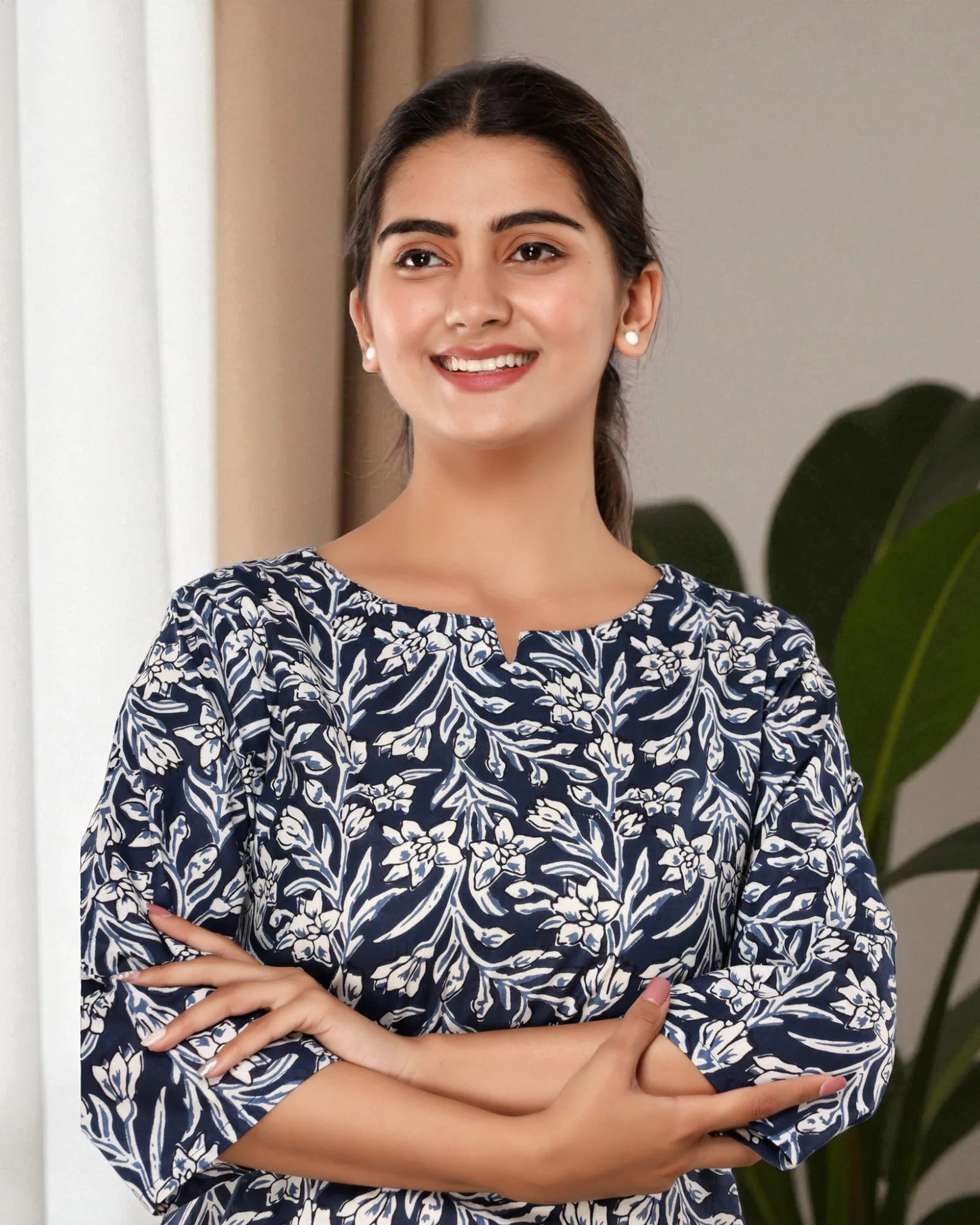 Dark Blue Floral Printed Cotton Night Suit