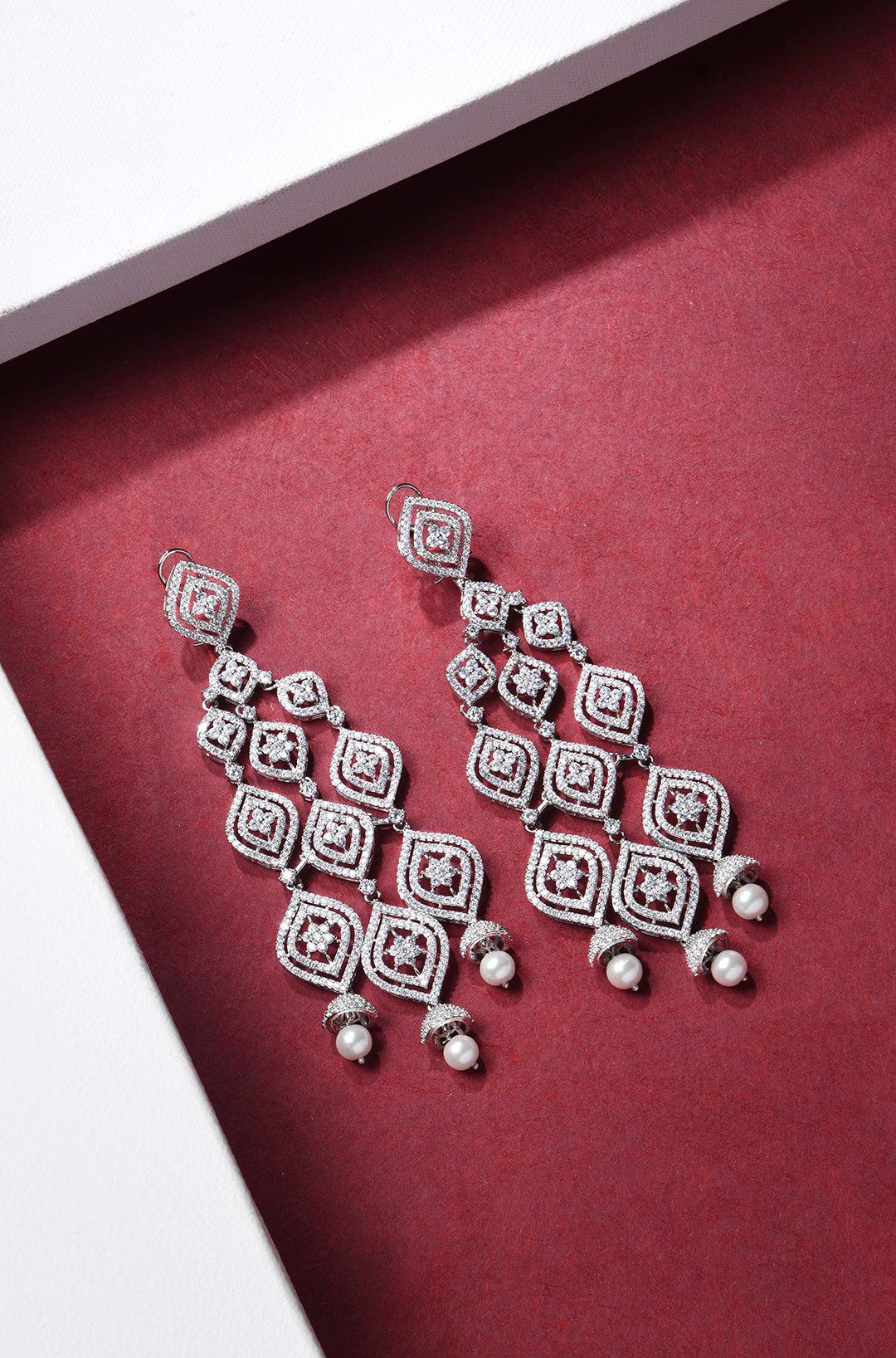 Pearl Dropped Long Diamond Earrings - Dyulokha