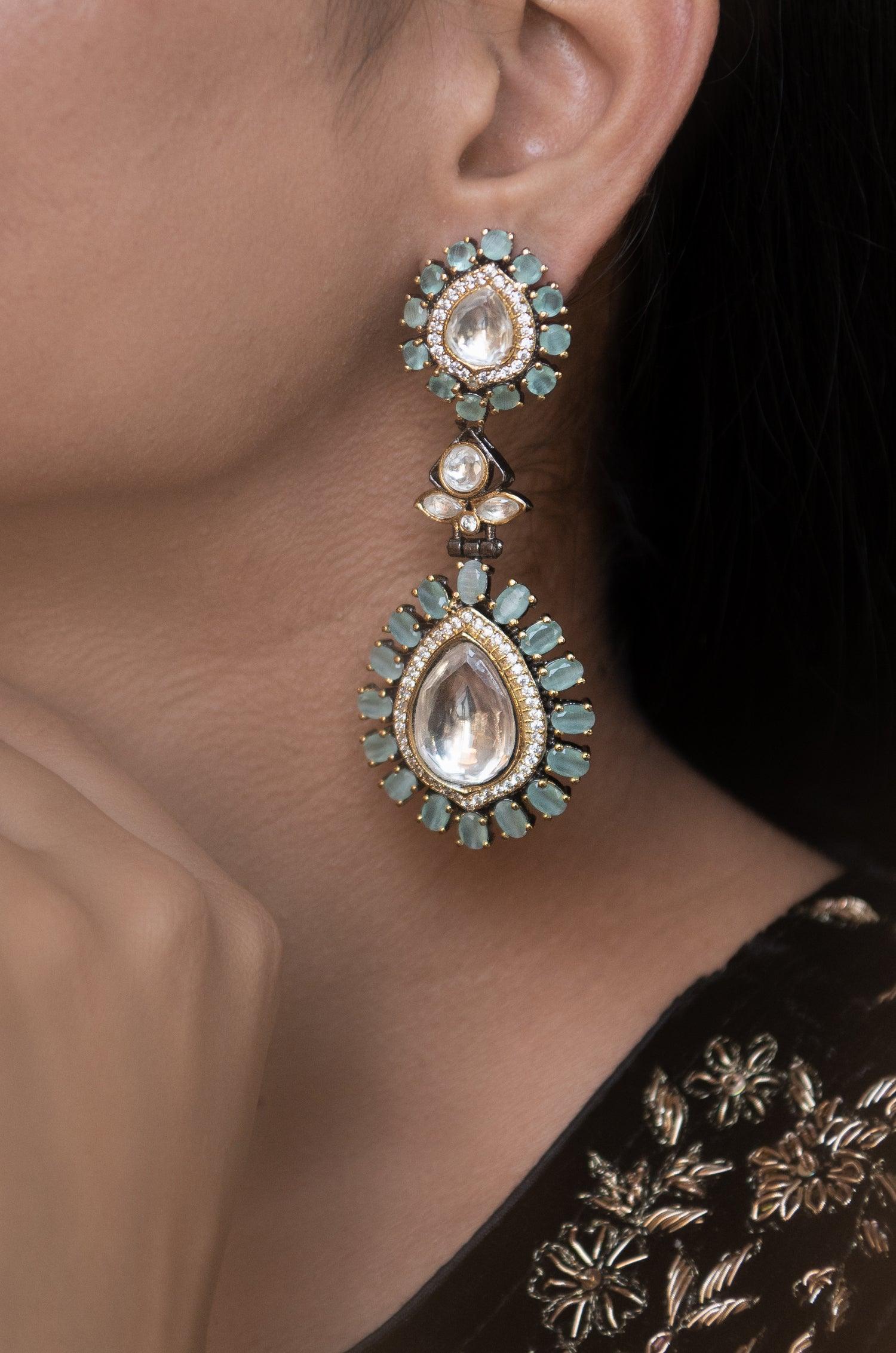 Turquoise Polki Sparkle Earrings - Dyulokha