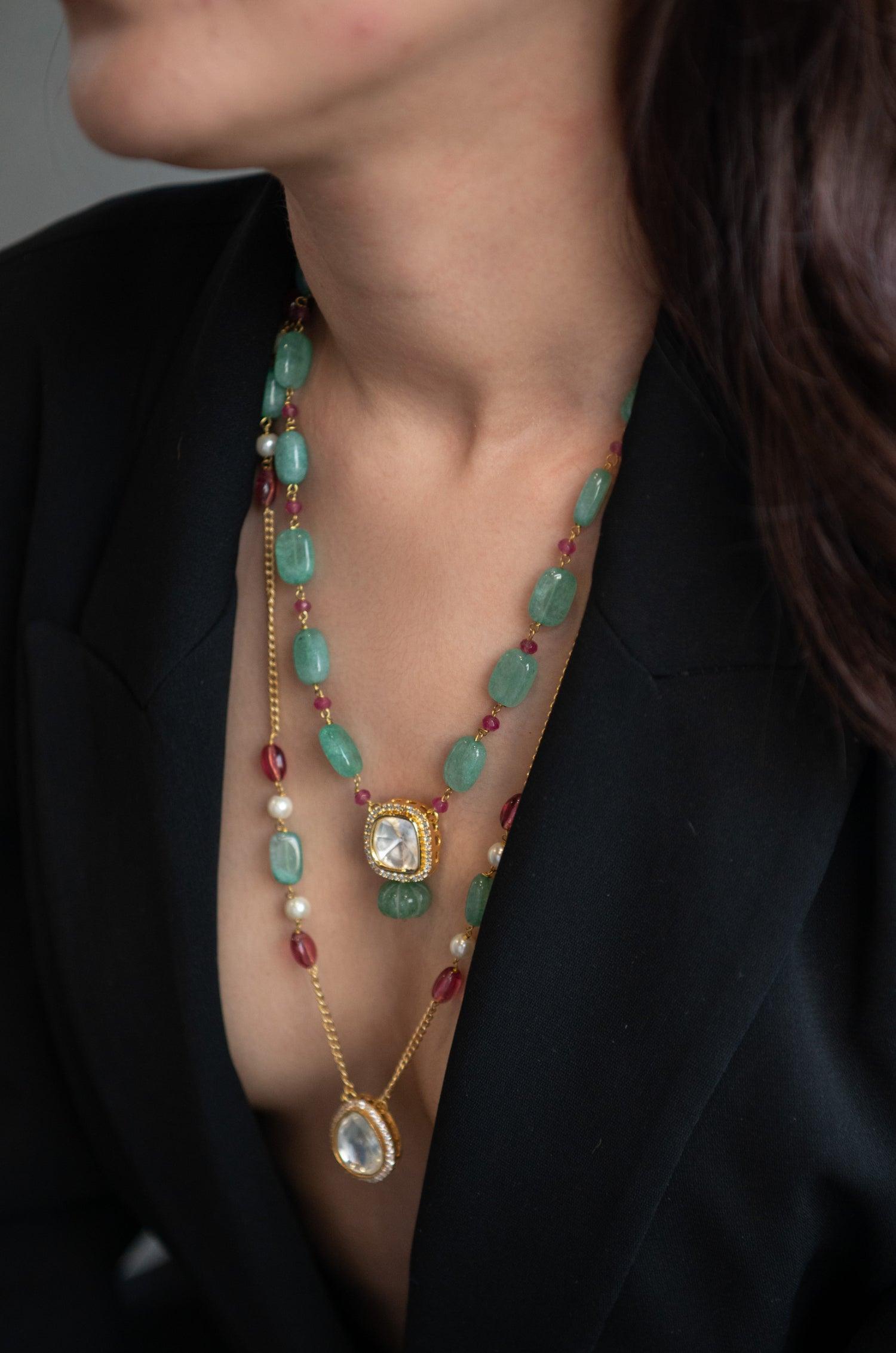 Mint Pearl Polki Pendant Cascade Necklace - Dyulokha