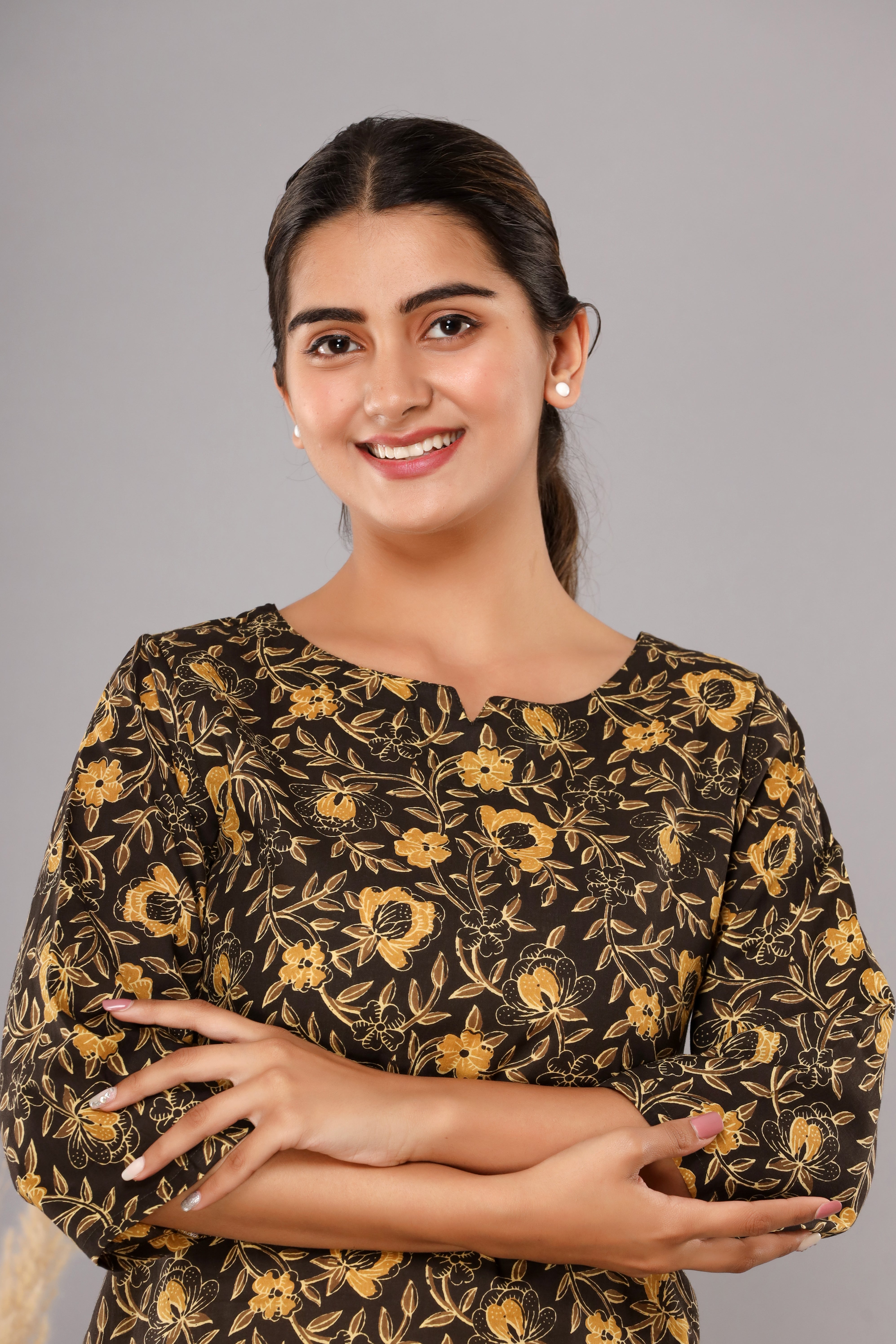 Dark Brown Floral Printed Cotton Night Suit