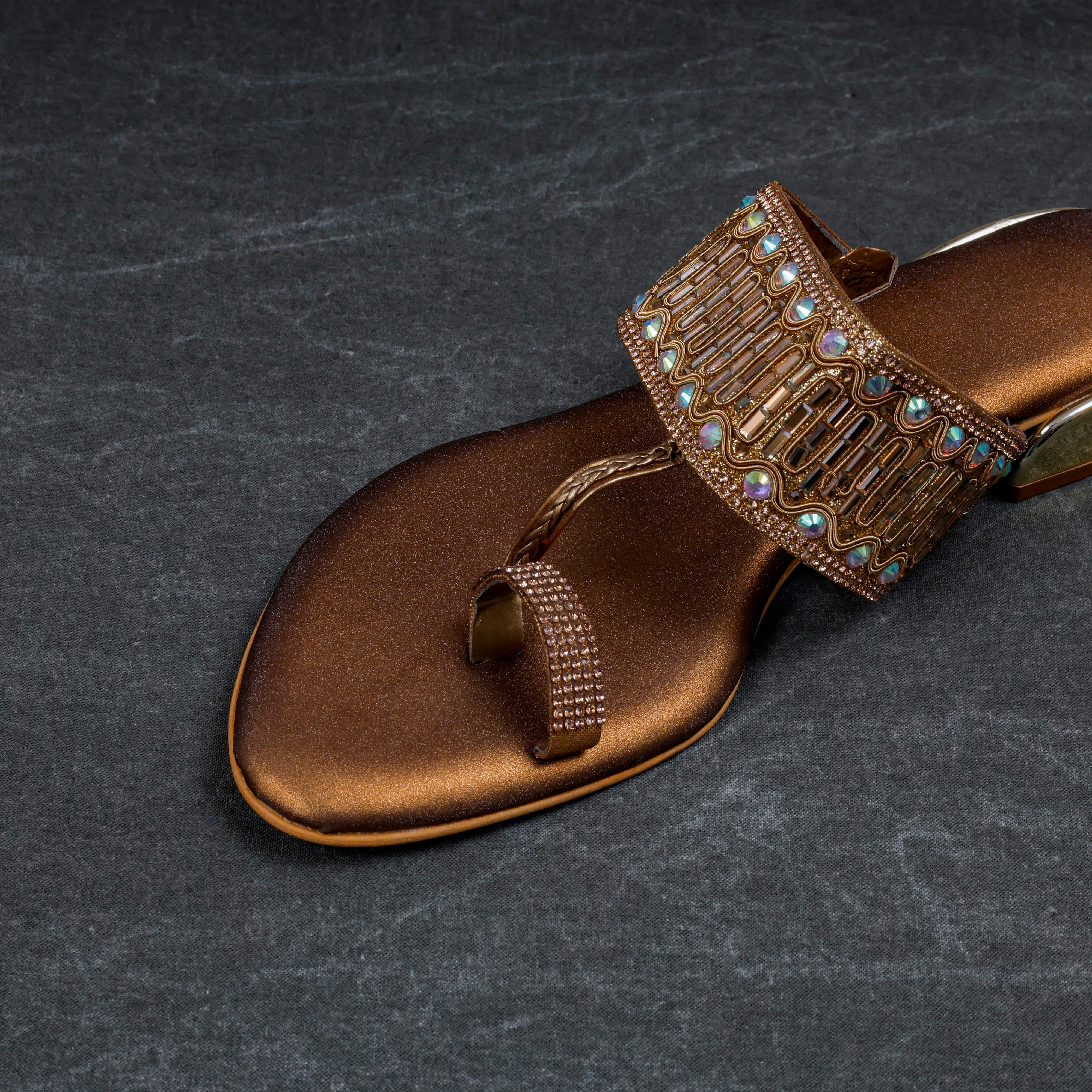 Gold Rexine Open Toe Ethnic Flats