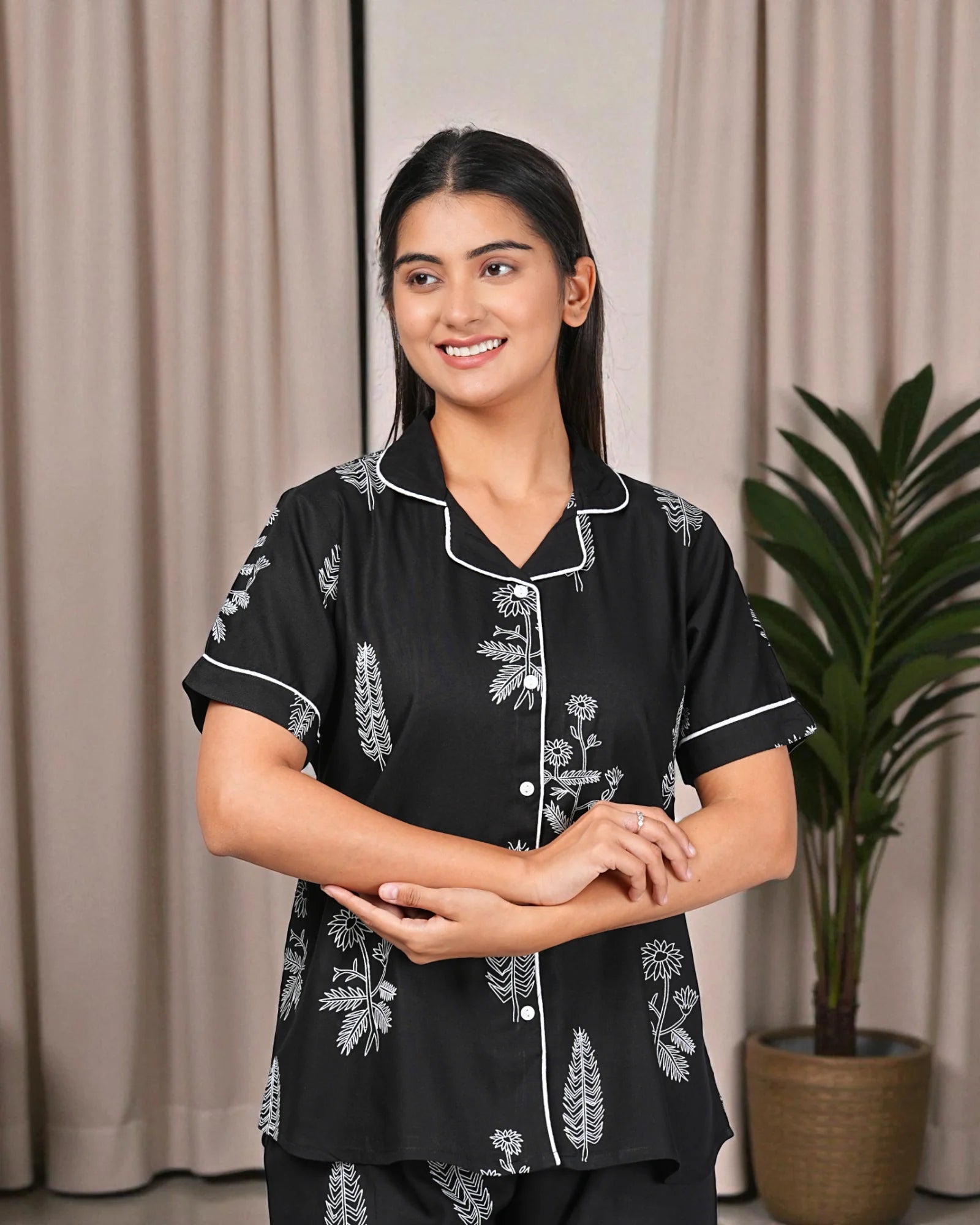 Black Floral Printed Night Suit