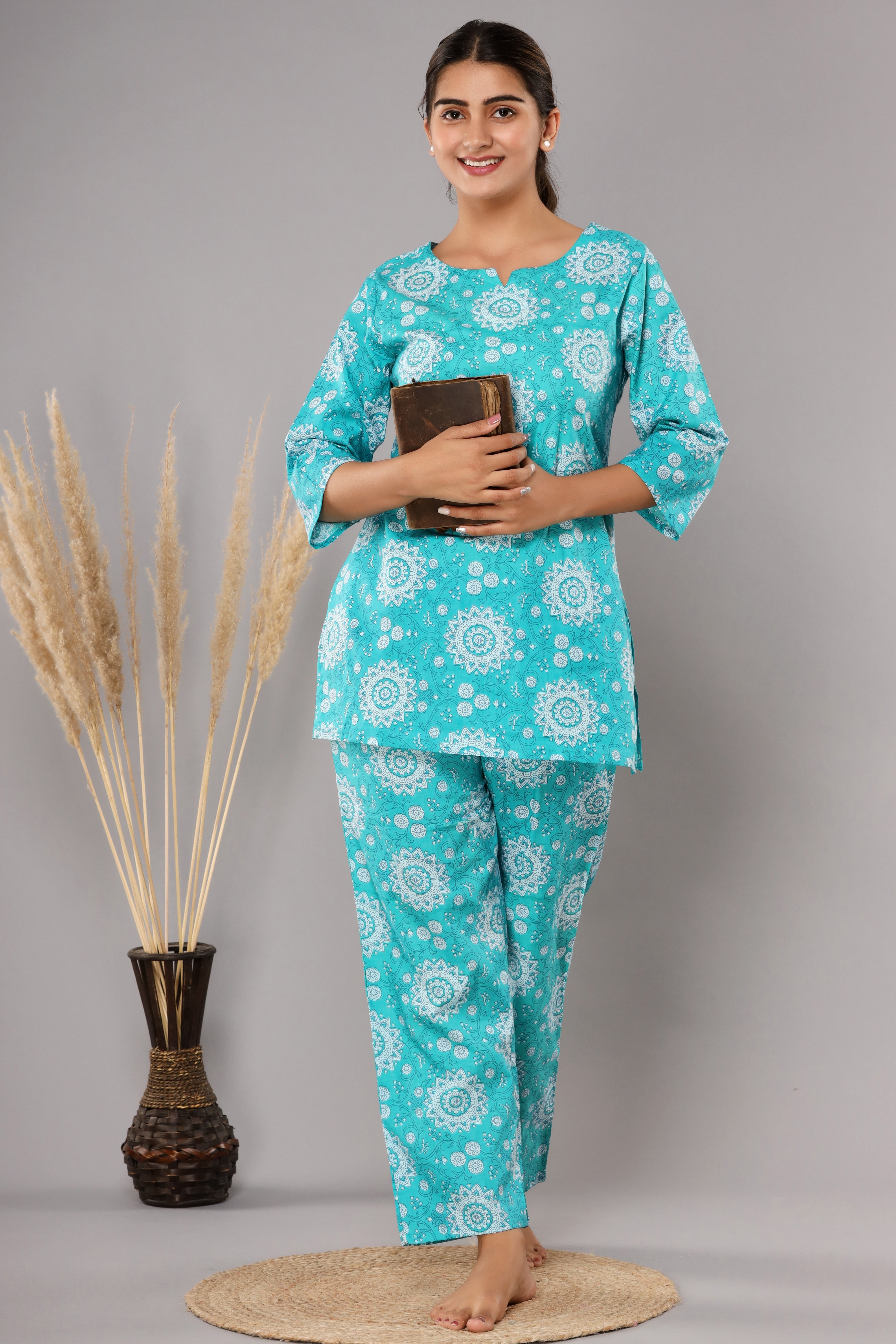 Turquoise Floral Printed Cotton Night Suit