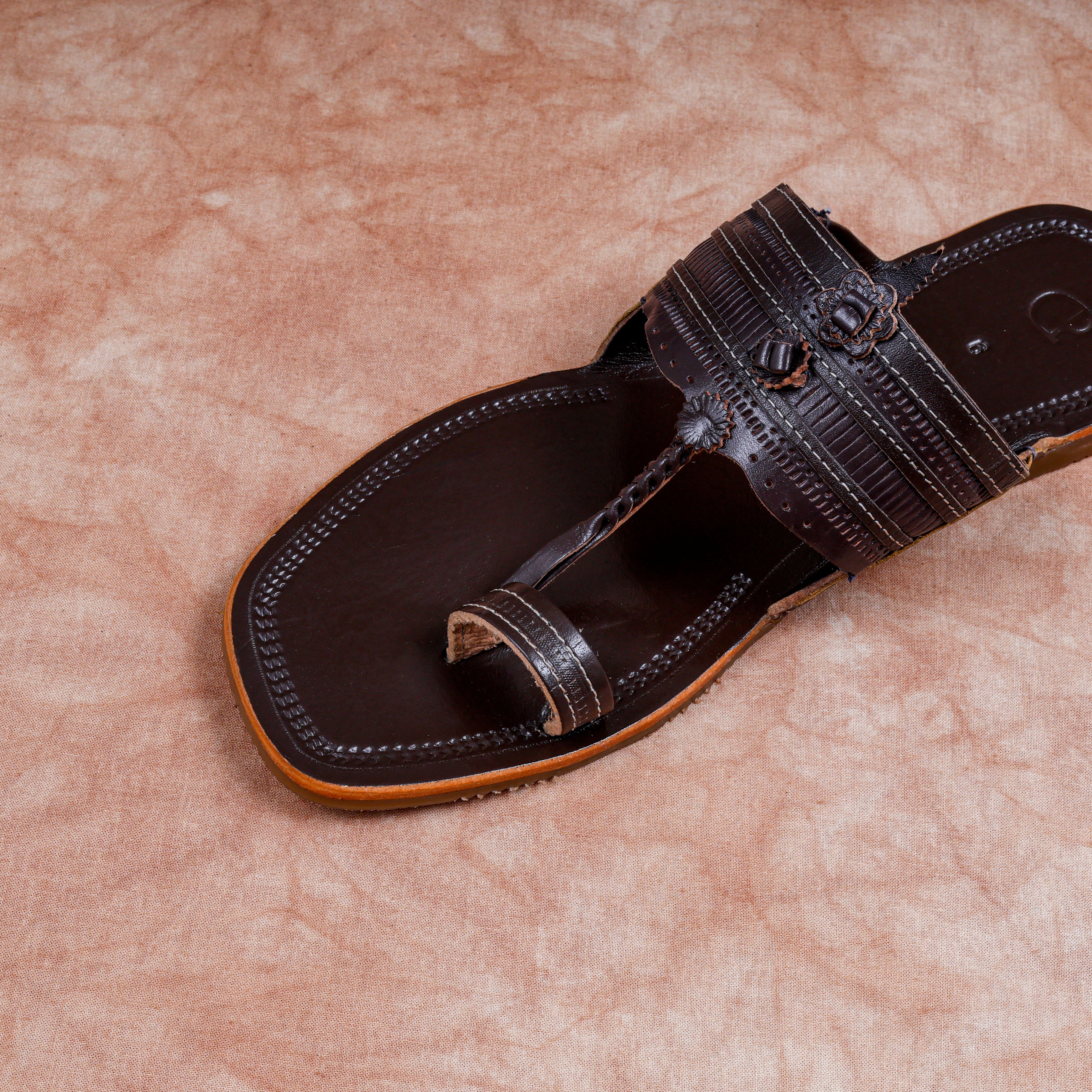 Dark Brown Heritage Patent Kolhapuri Sandals
