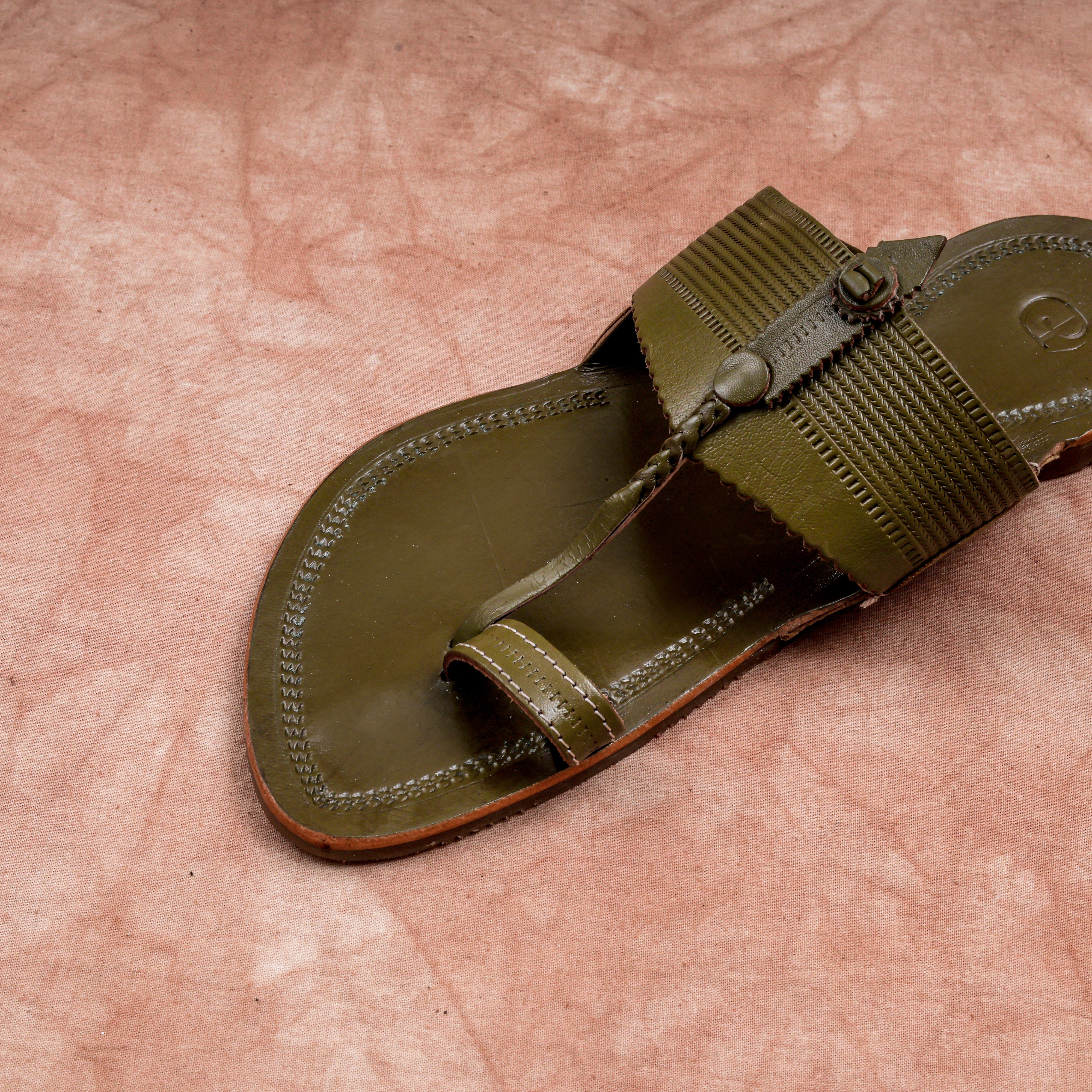 Glossy Olive Green Leather Kolhapuri Sandals