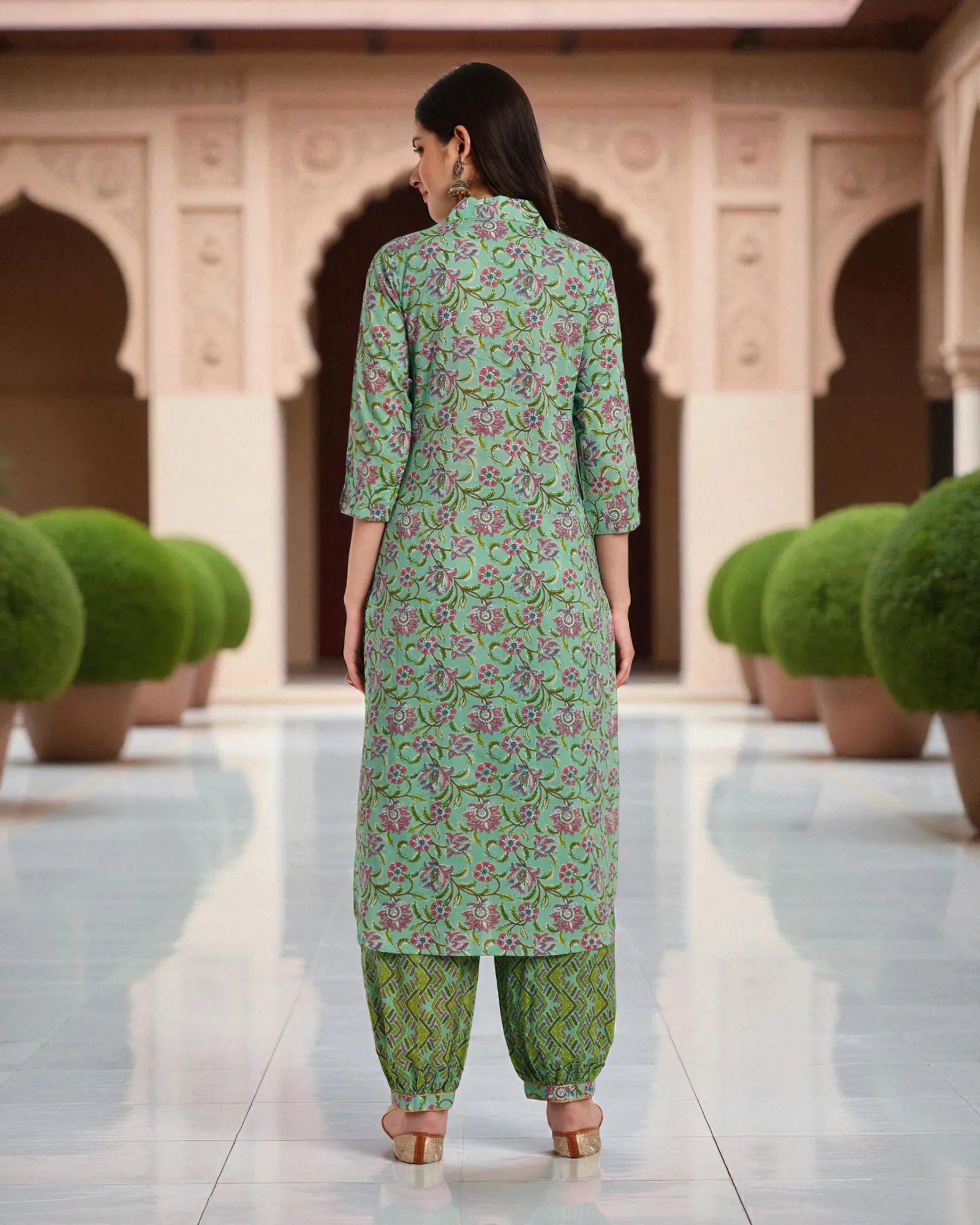 Floral Printed Cotton Kurta Set with Geometric Dupatta