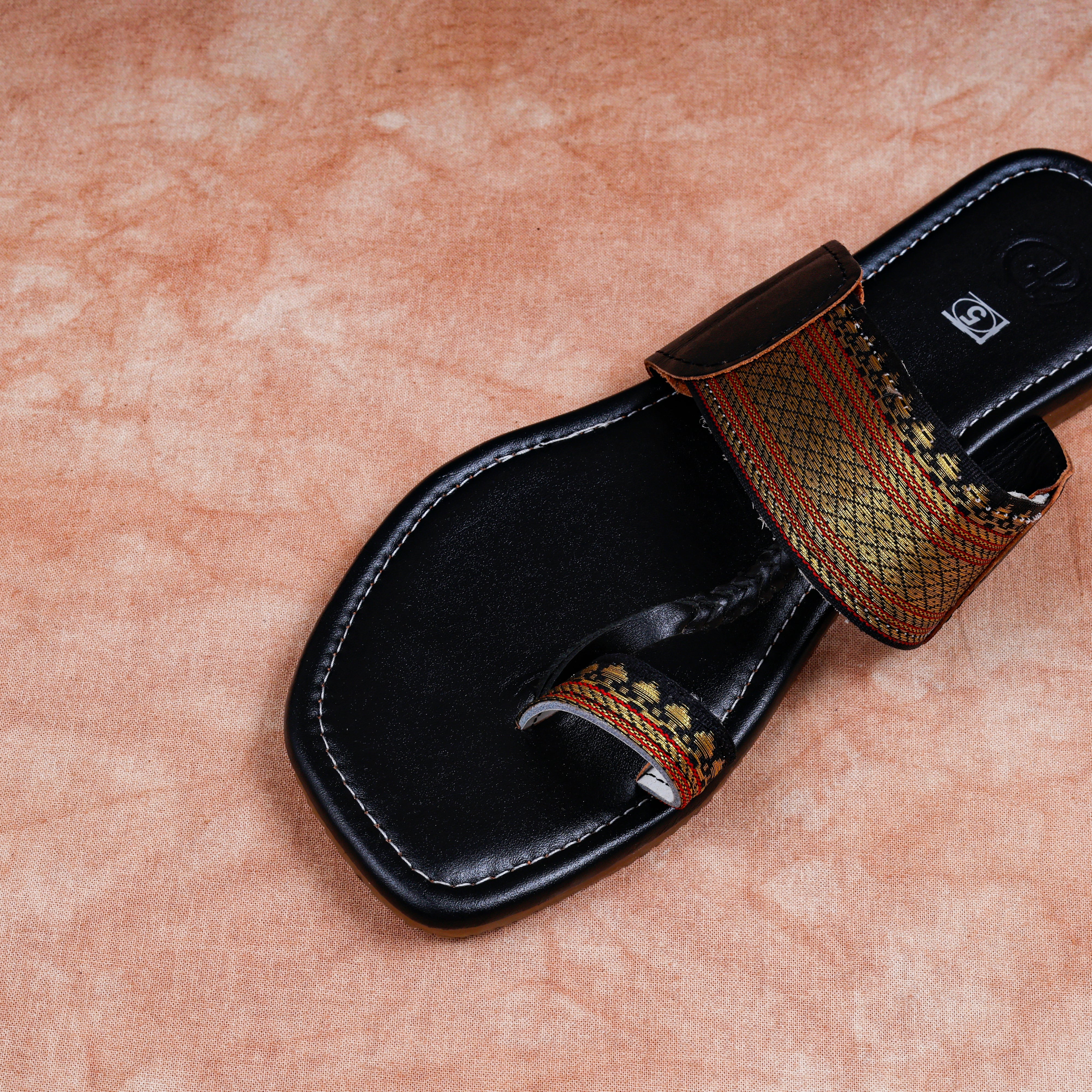 Black Leather Open Toe Ethnic Flats