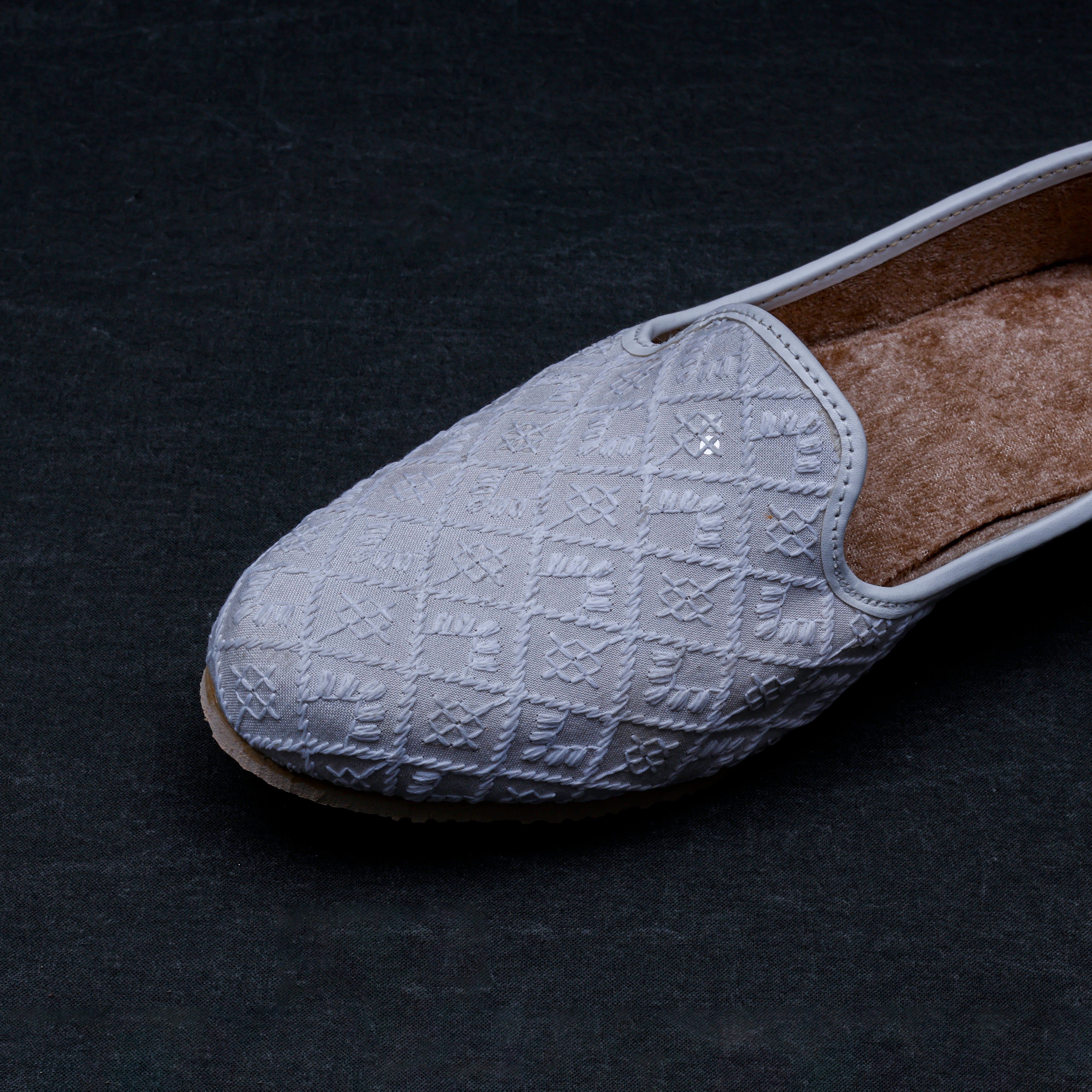 White Textured Almond Fabric Jutti