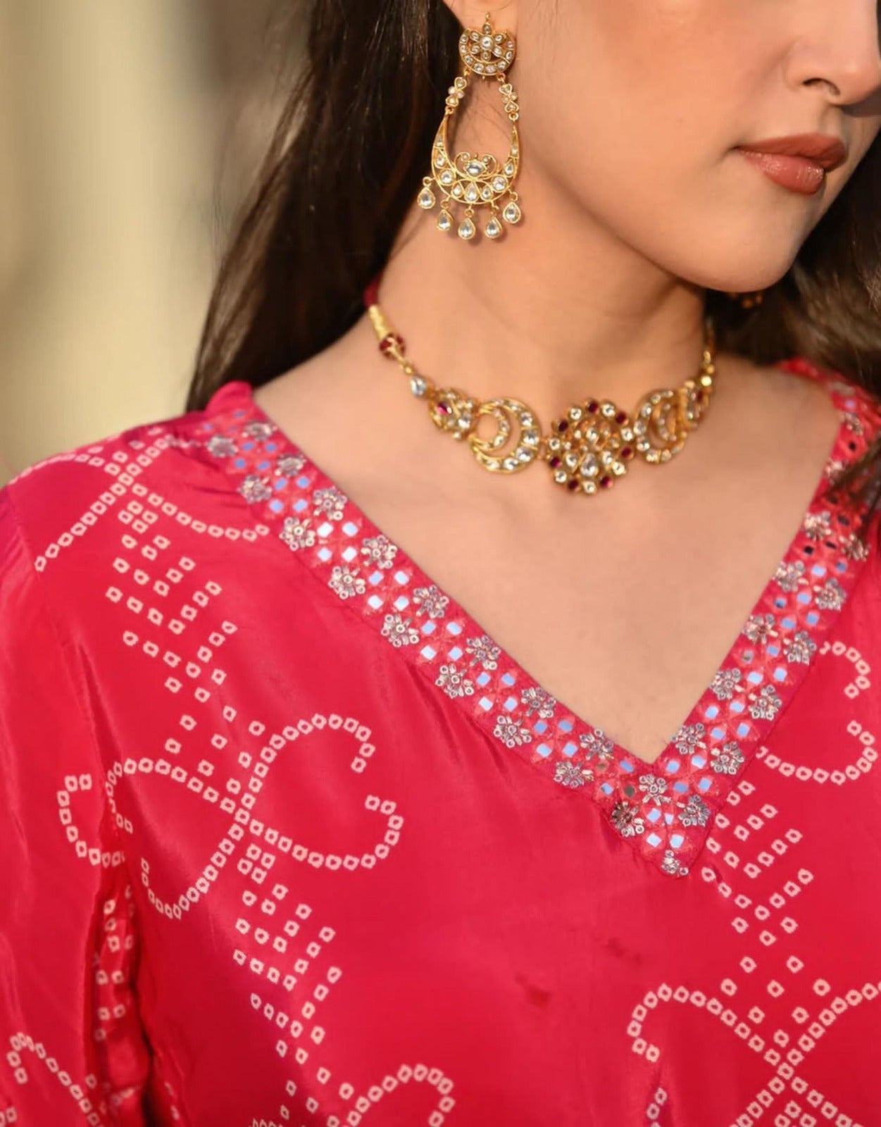 Red Pink Bandhani Chanderi Silk Kurta Set