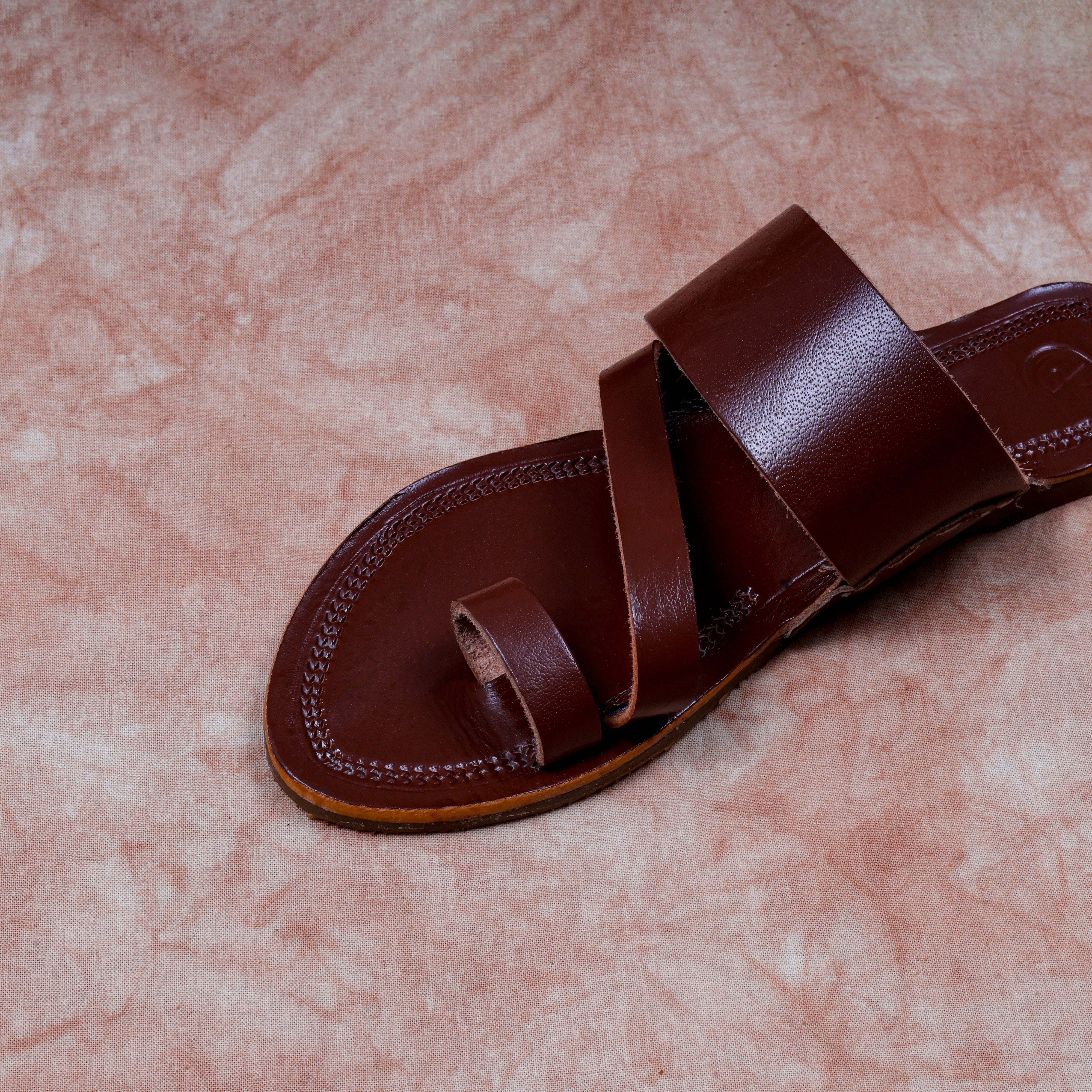 Brown Soft Leather Open Toe Flats