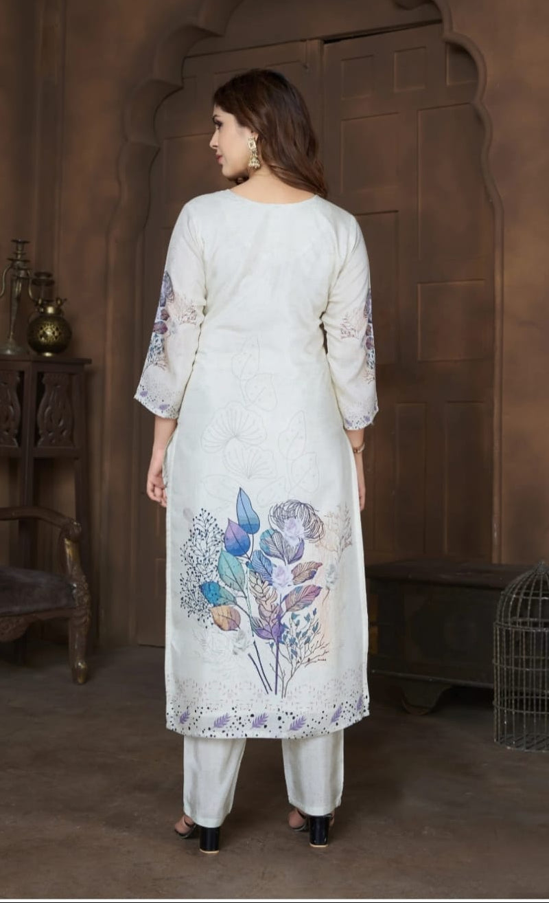 Beige Chinon Sequin Floral Kurta Set