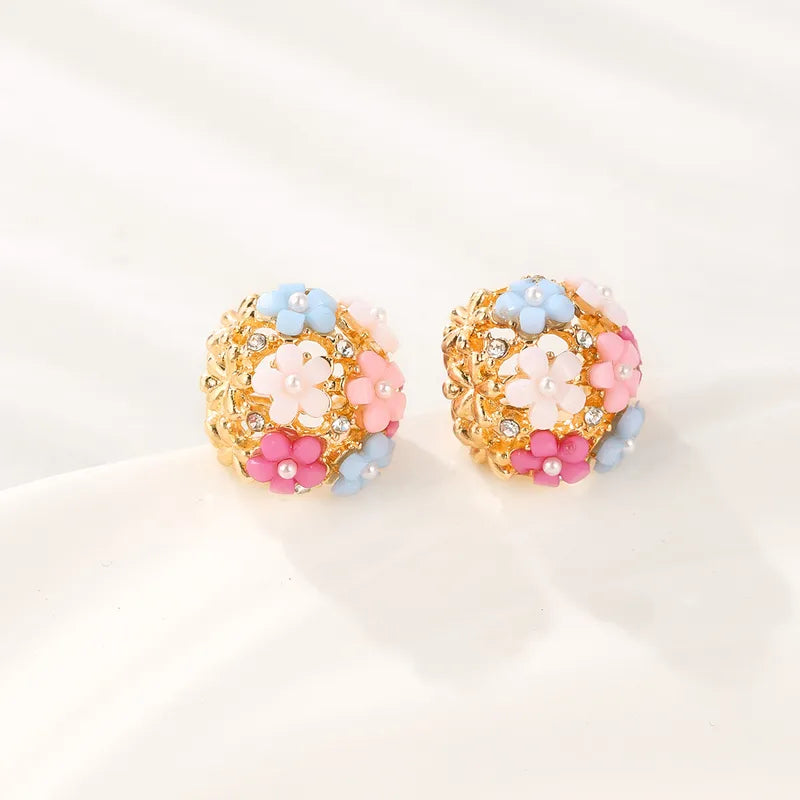 Multicolor Flower Alloy Zircon Ear Studs