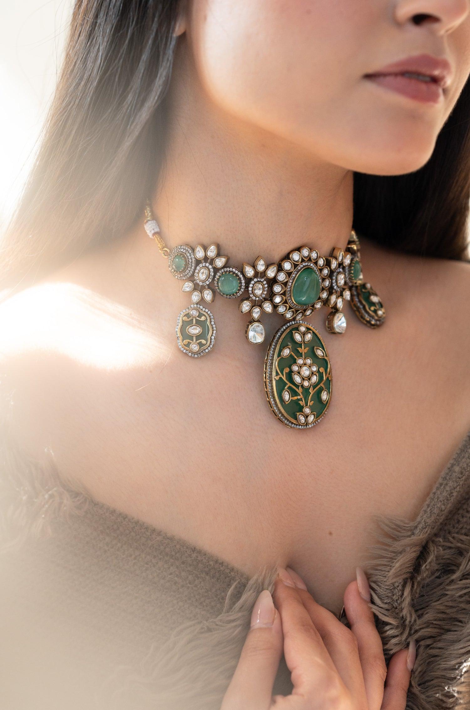 Fluorite Fantasy Polki Necklace Set - Dyulokha