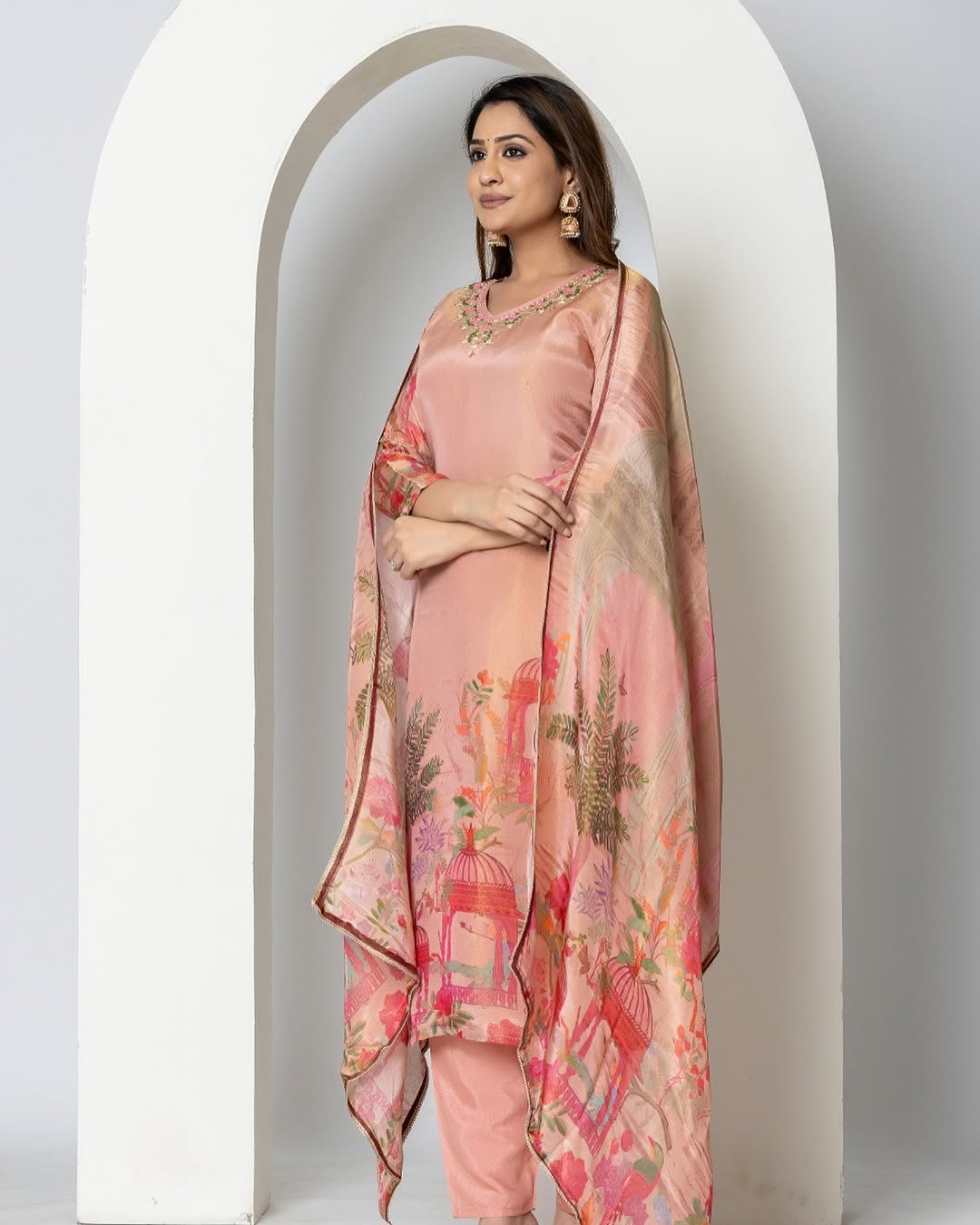 Peach Chinon Silk Floral Embroidered Kurta Set