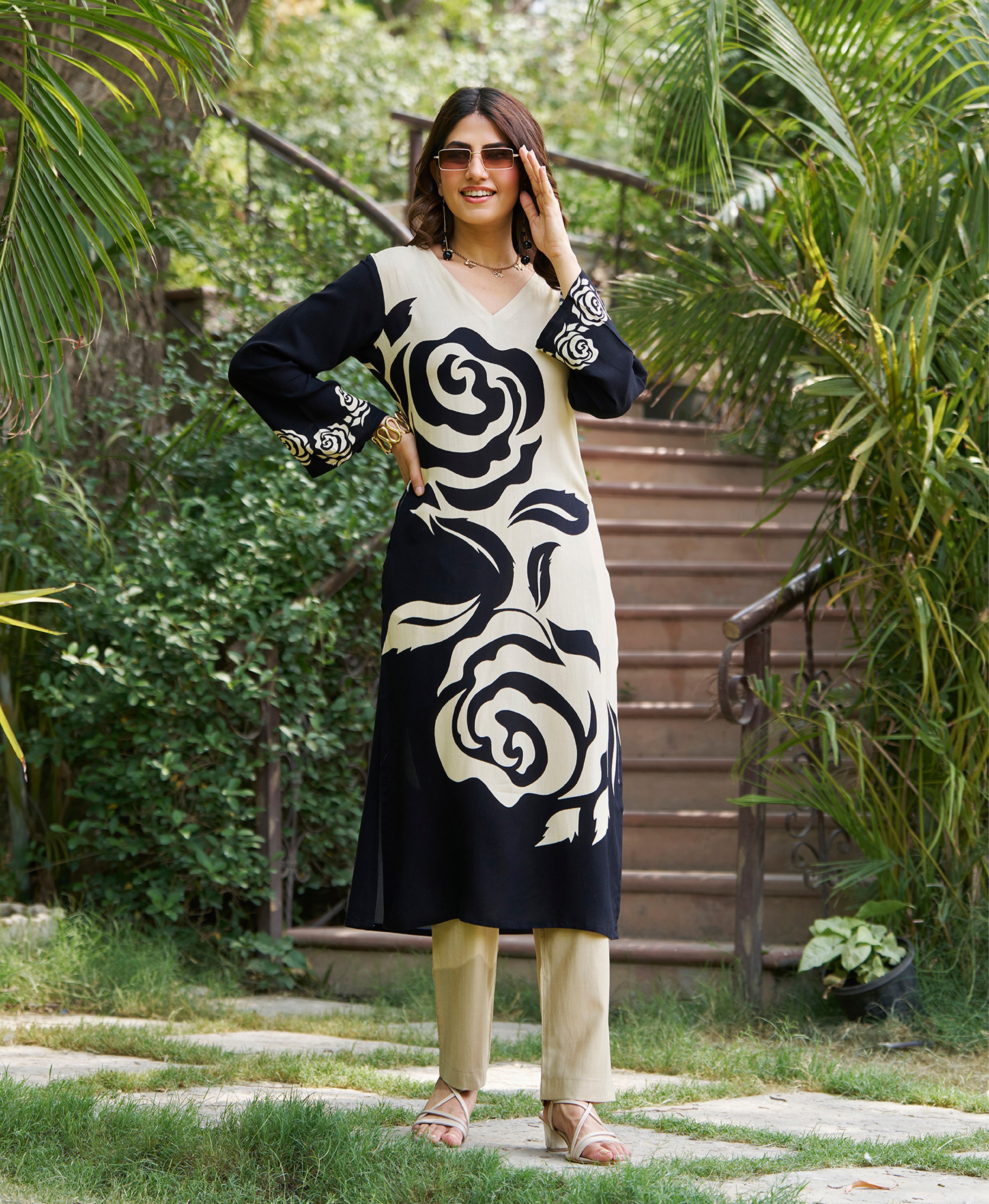 Striped Botanical Print Kurta