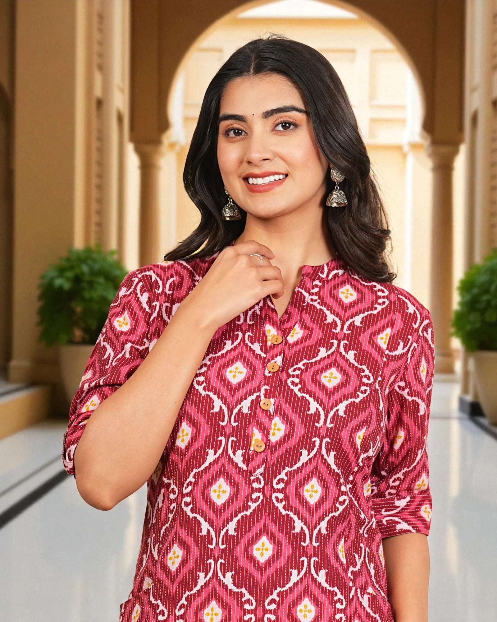 Maroon Cotton Geometric Floral Kurta