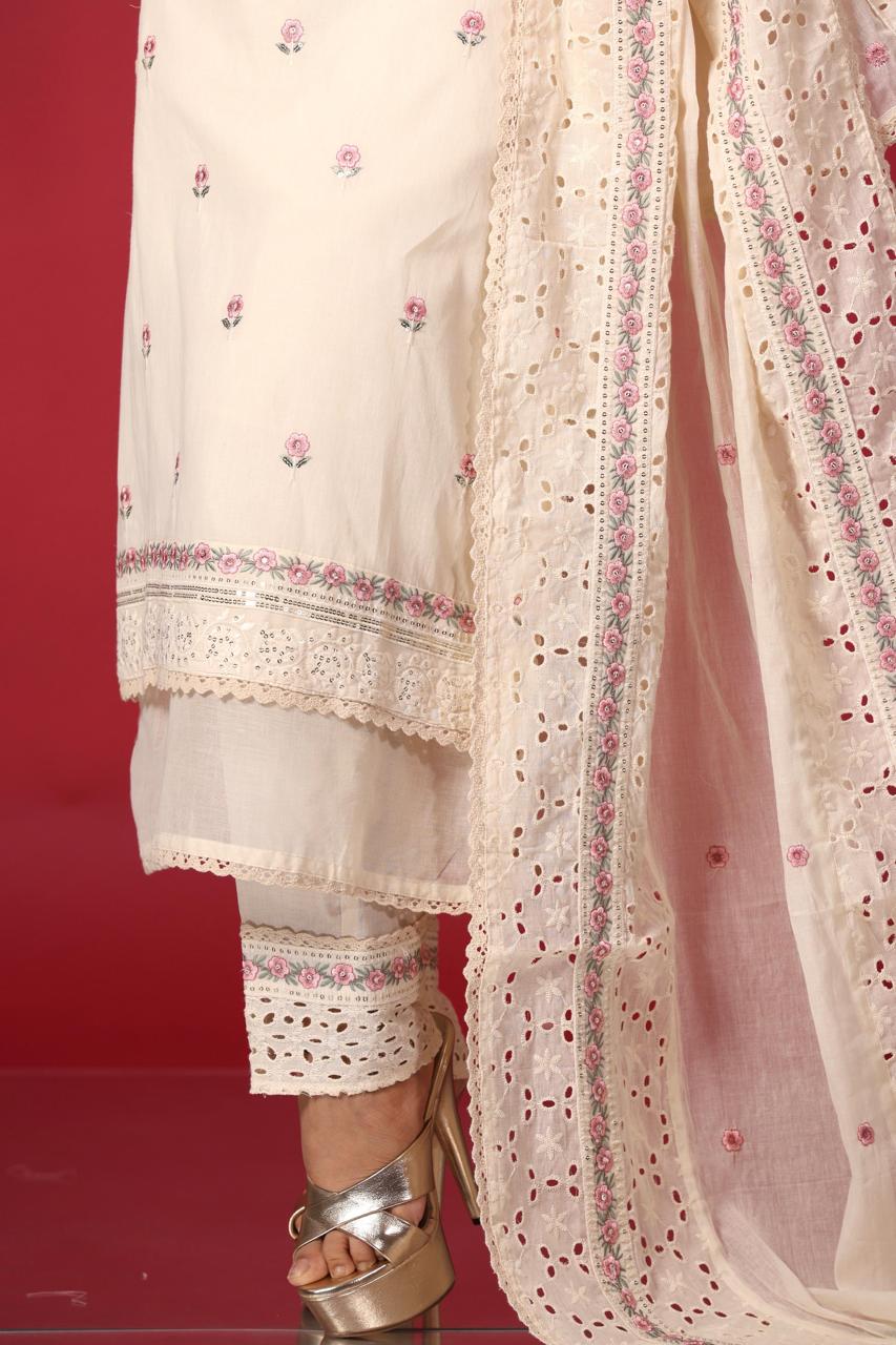 White Cotton Chikankari Embroidered Pakistani Suit