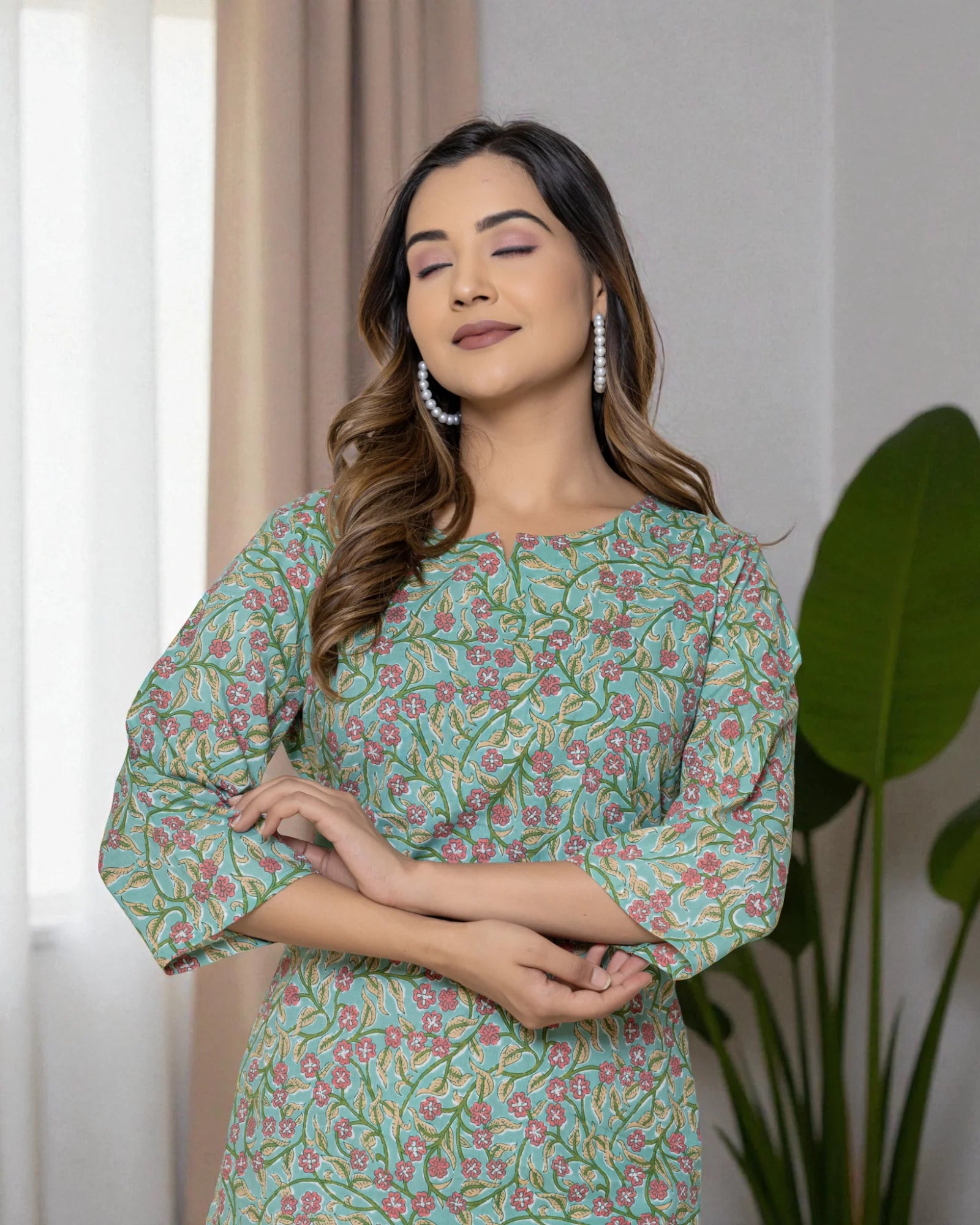 Light Green Floral Printed Cotton Night Suit