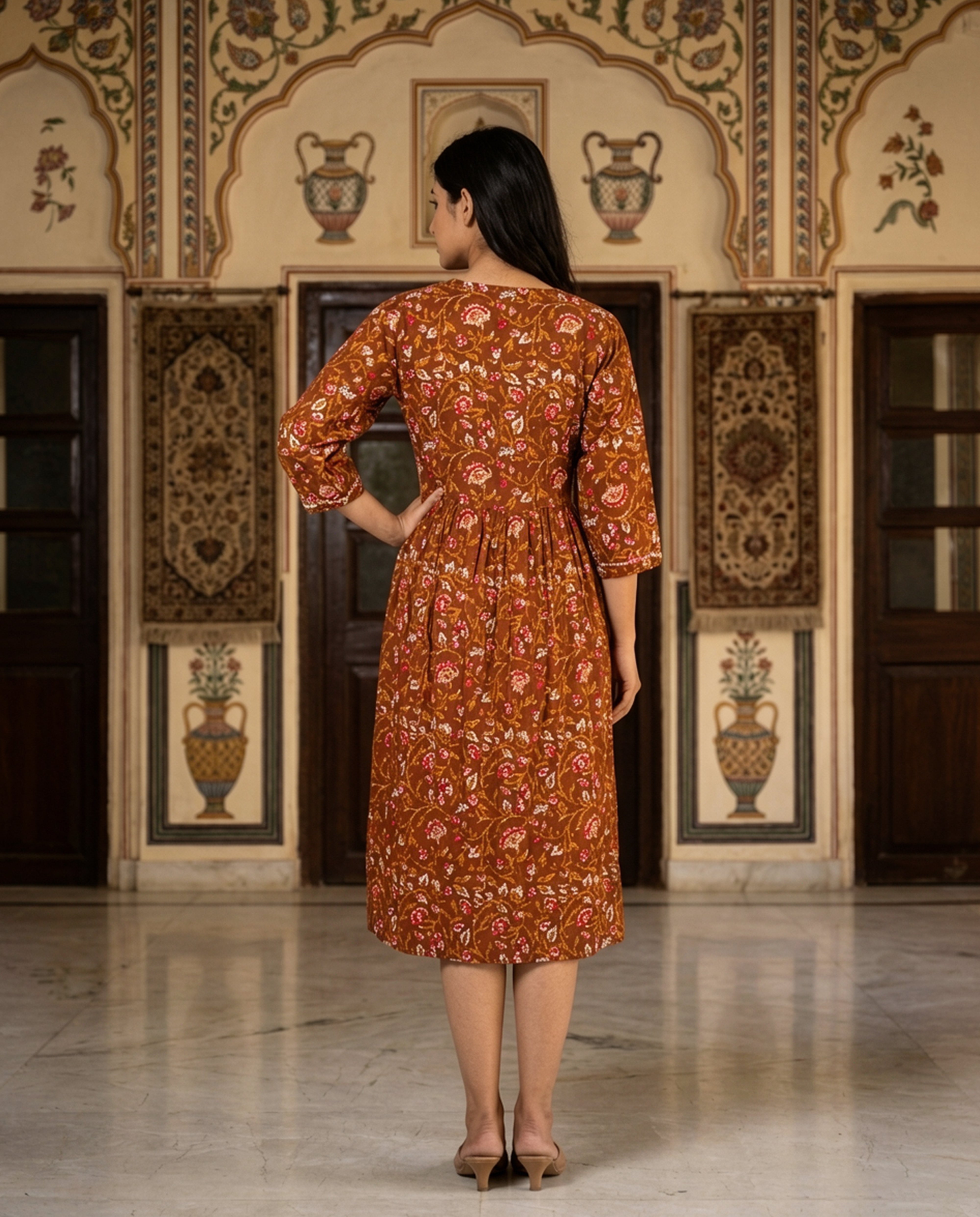 Brown Floral Cotton Ethnic Gown