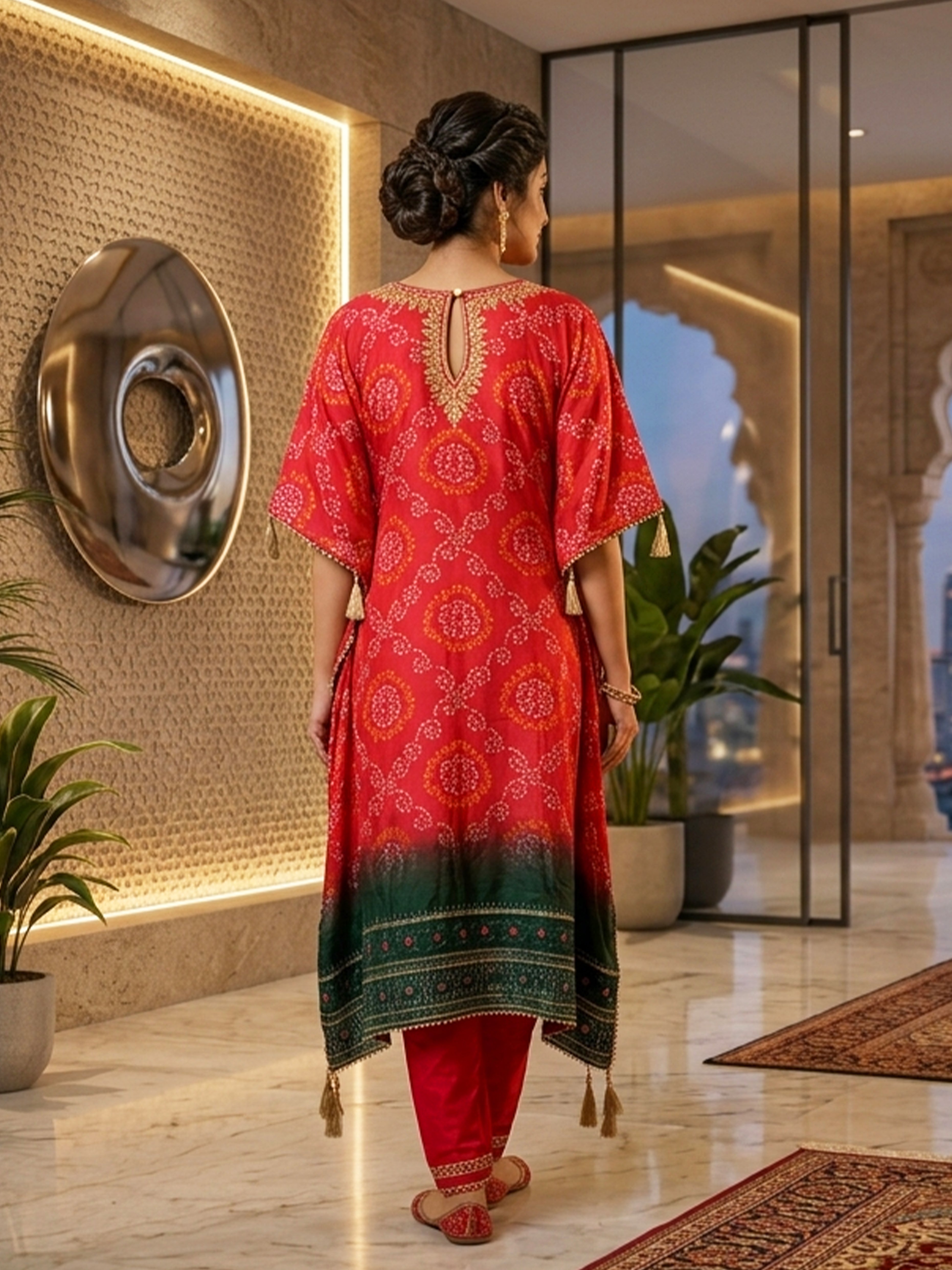 Bandhani Silk Kaftan with Mirror Embellishments