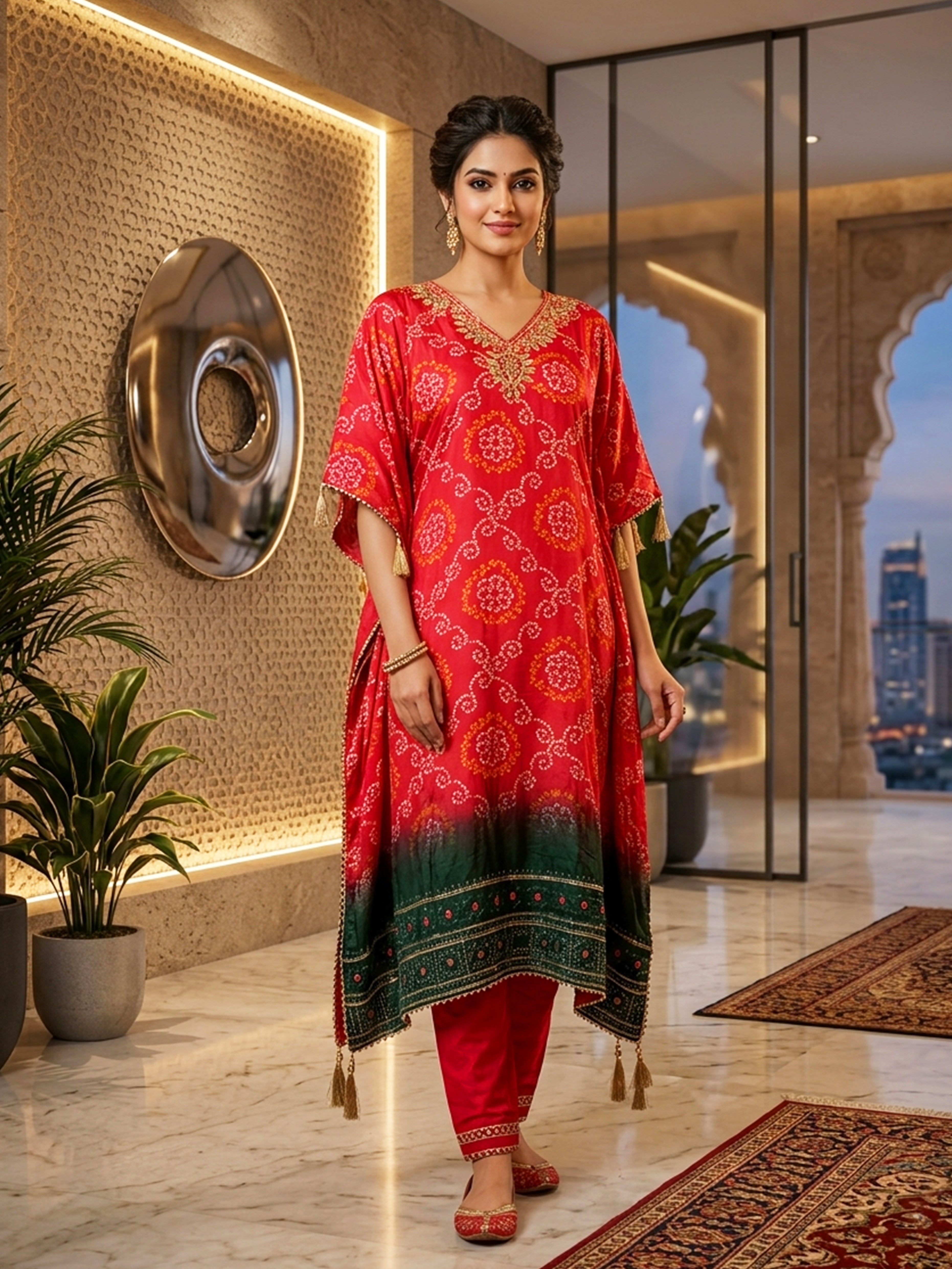 Bandhani Silk Kaftan with Mirror Embellishments
