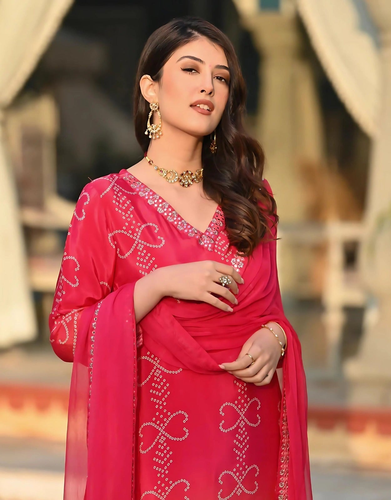 Red Pink Bandhani Chanderi Silk Kurta Set