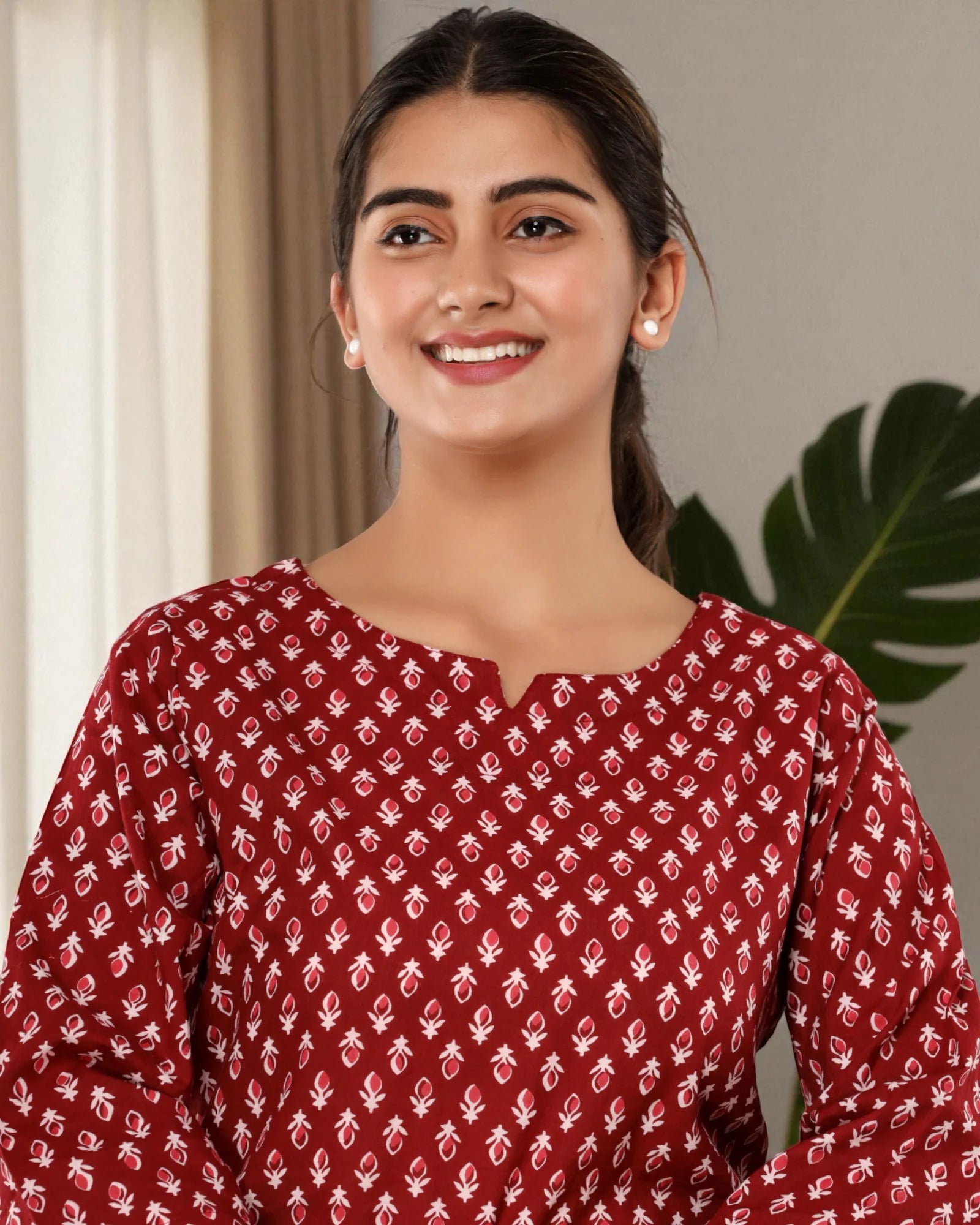 Maroon Floral Printed Cotton Night Suit