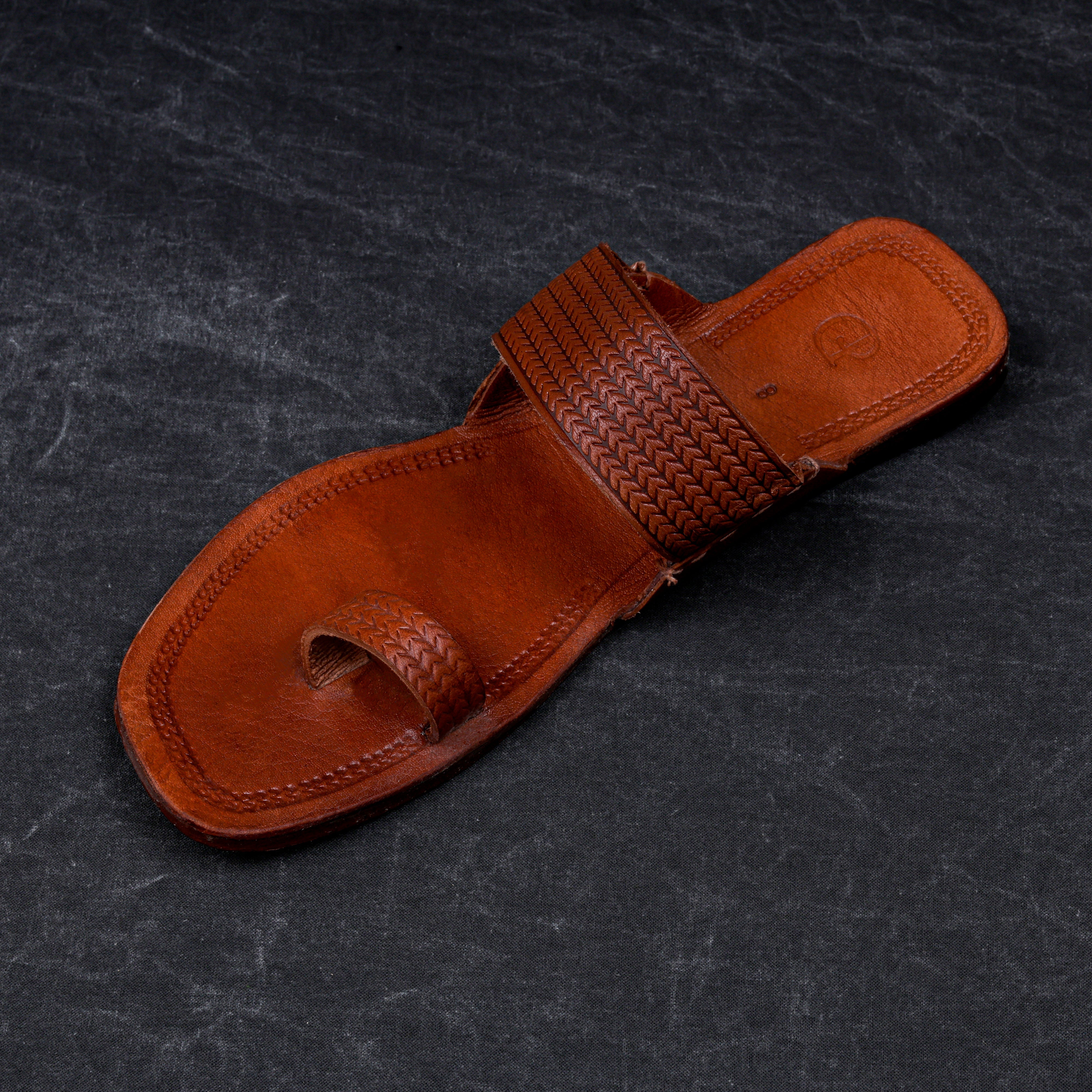 Tan Patent Kolhapuri Flats With Glossy Finish
