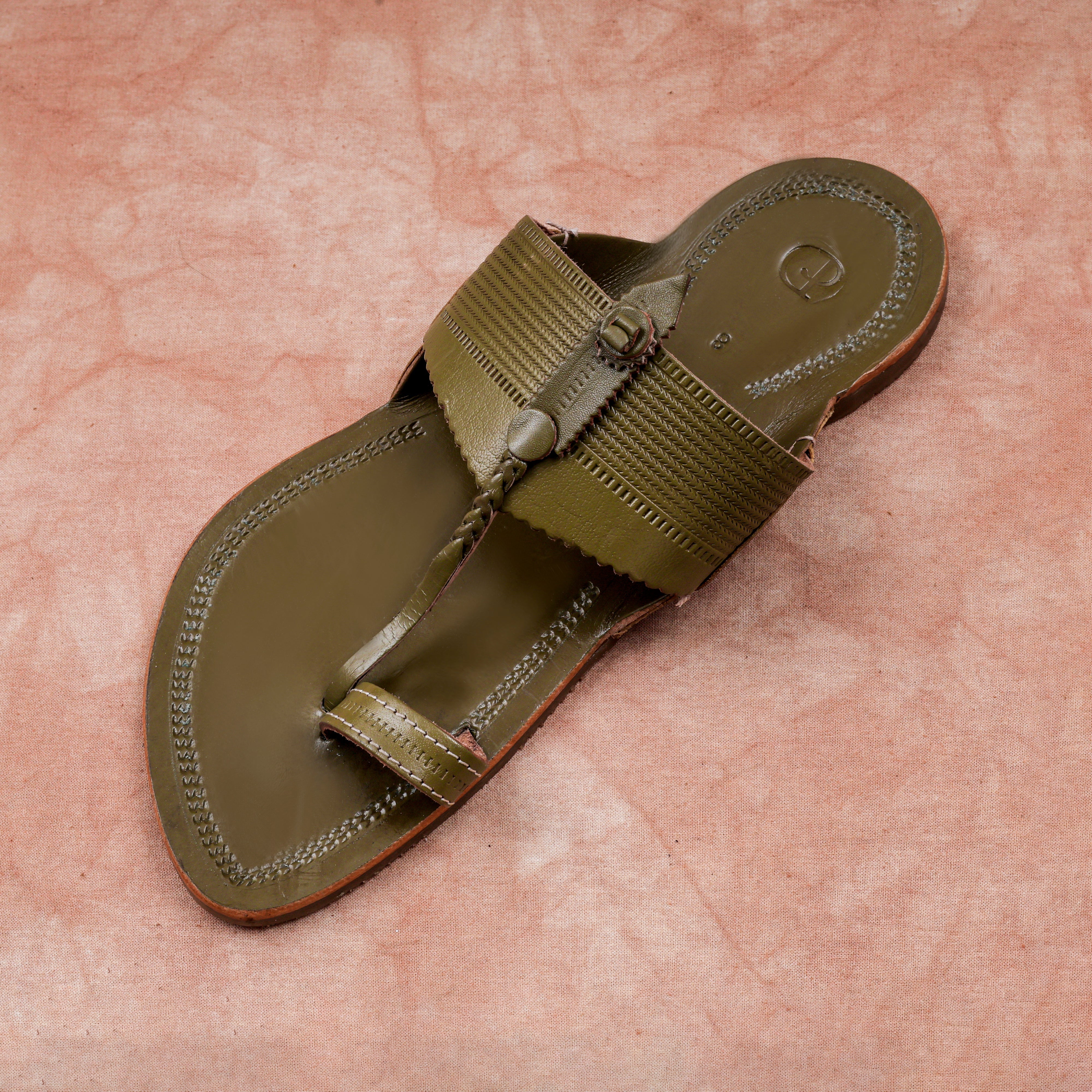 Glossy Olive Green Leather Kolhapuri Sandals