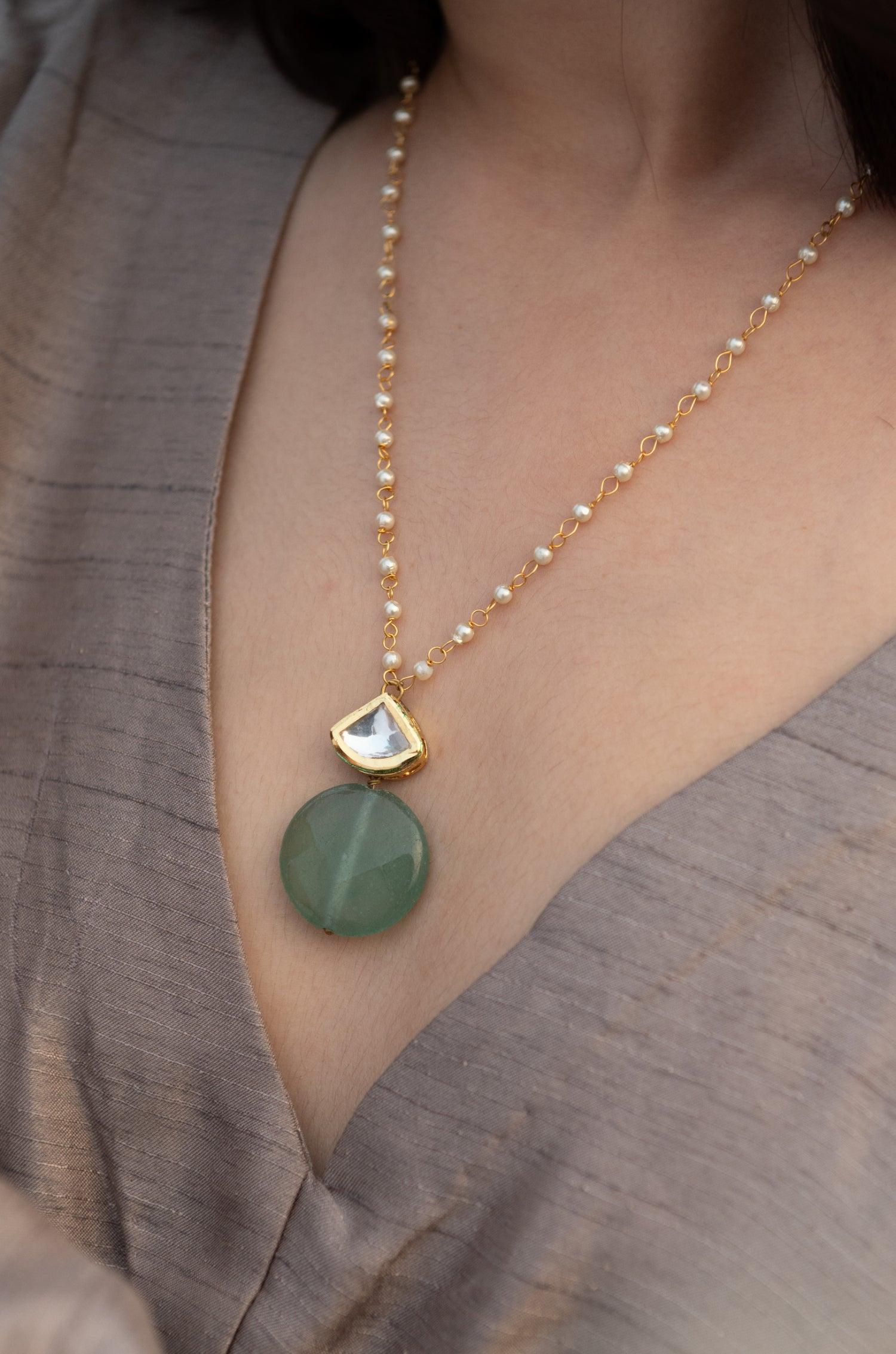 Mint Kundan Pendant Pearl Necklace - Dyulokha