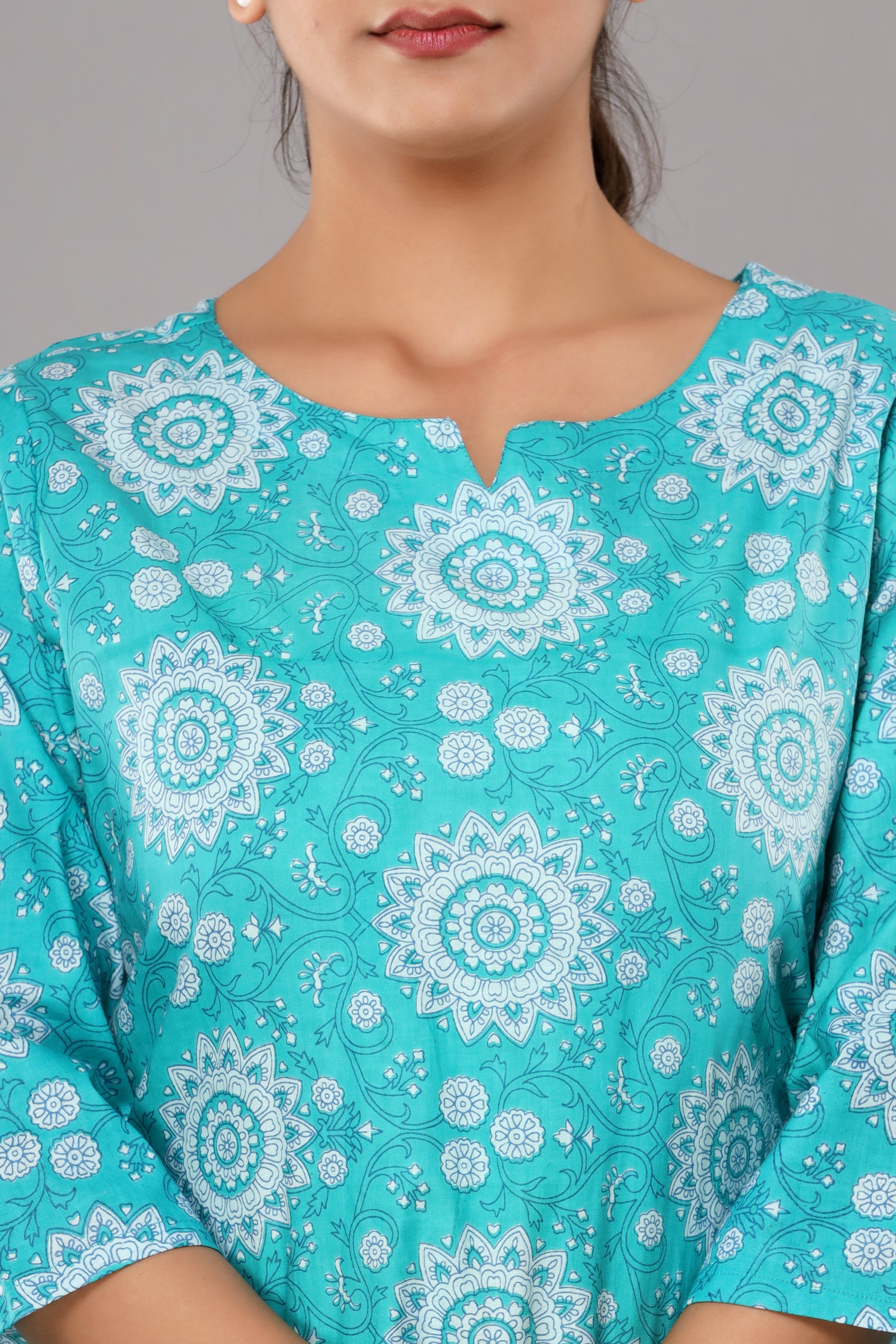 Turquoise Floral Printed Cotton Night Suit