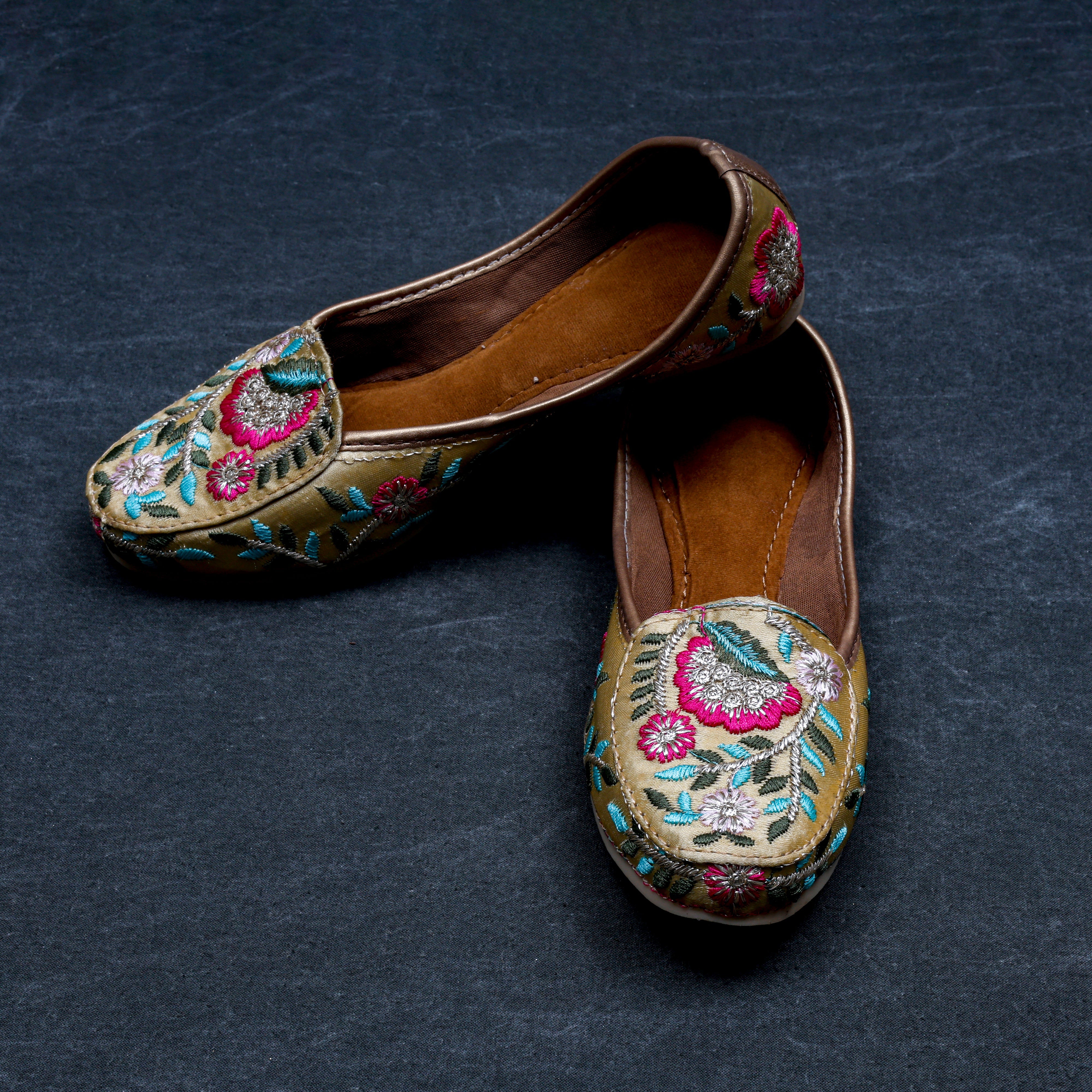 Gold Two Tone Fabric Ethnic Loafers