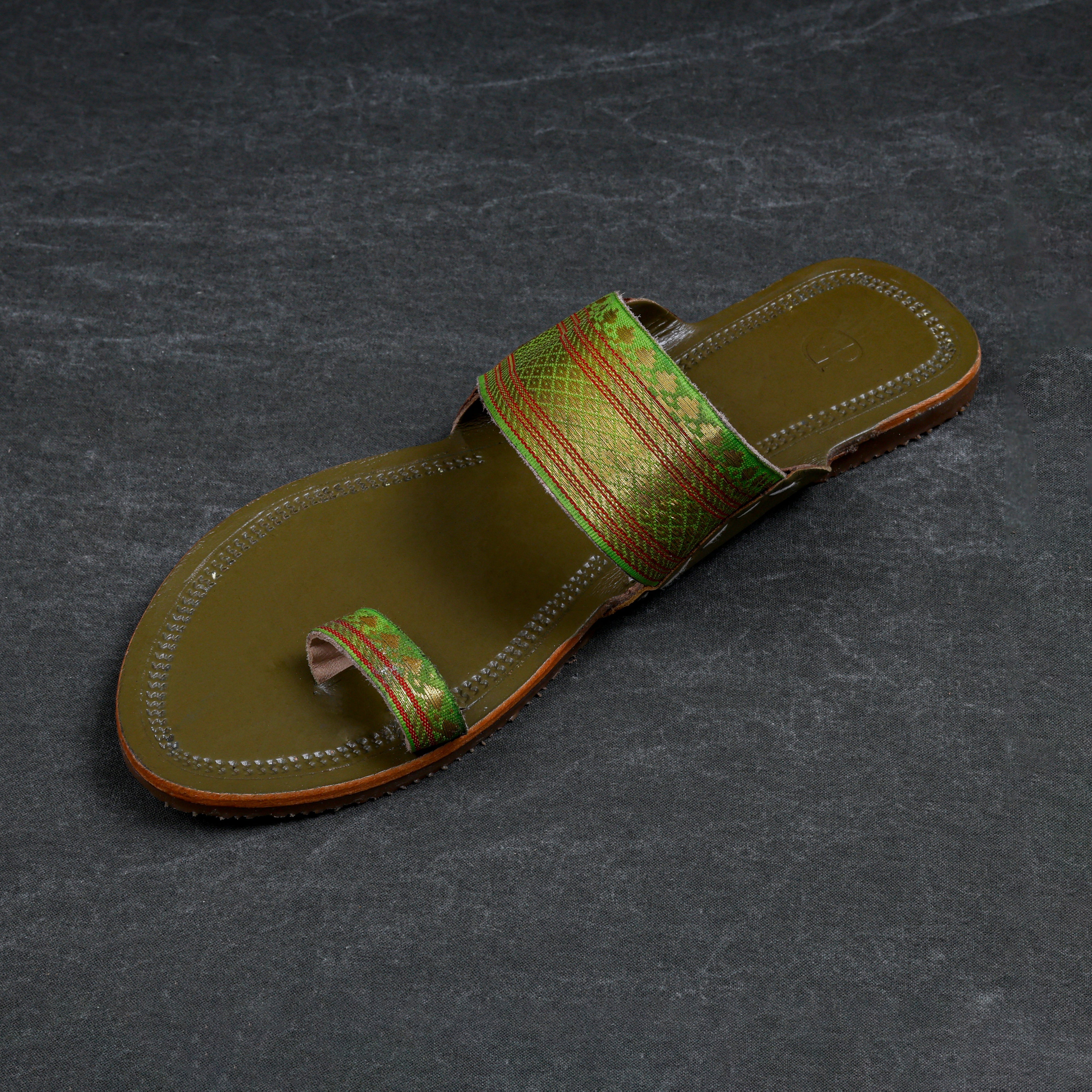 Olive Green Artisan Leather Open Toe Flats