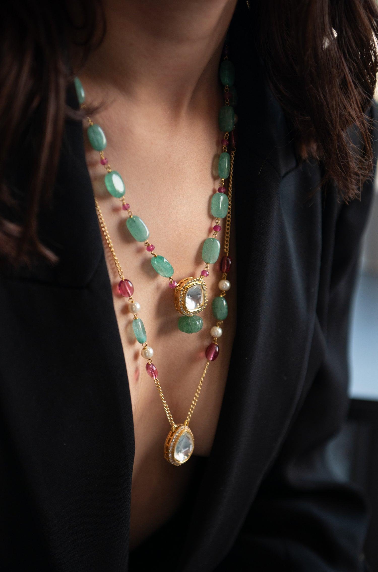 Mint Pearl Polki Pendant Cascade Necklace - Dyulokha