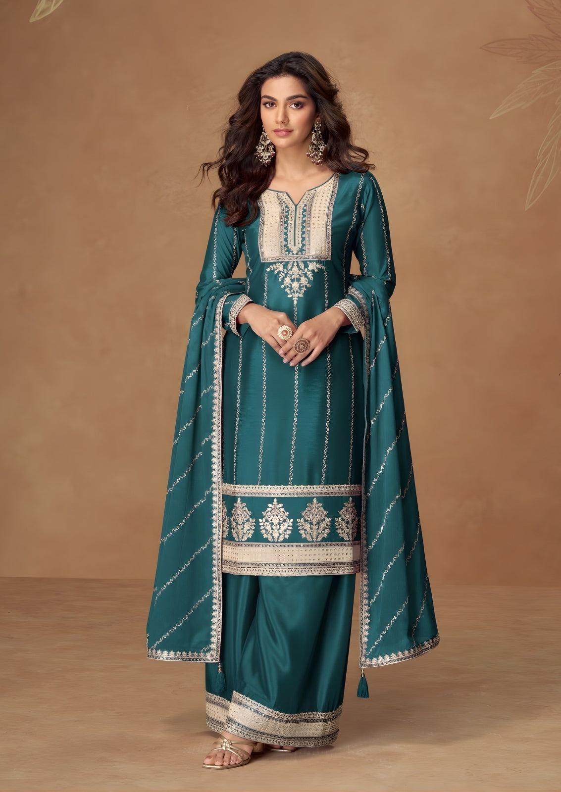 Embroidered Chinon Silk Sharara Suit