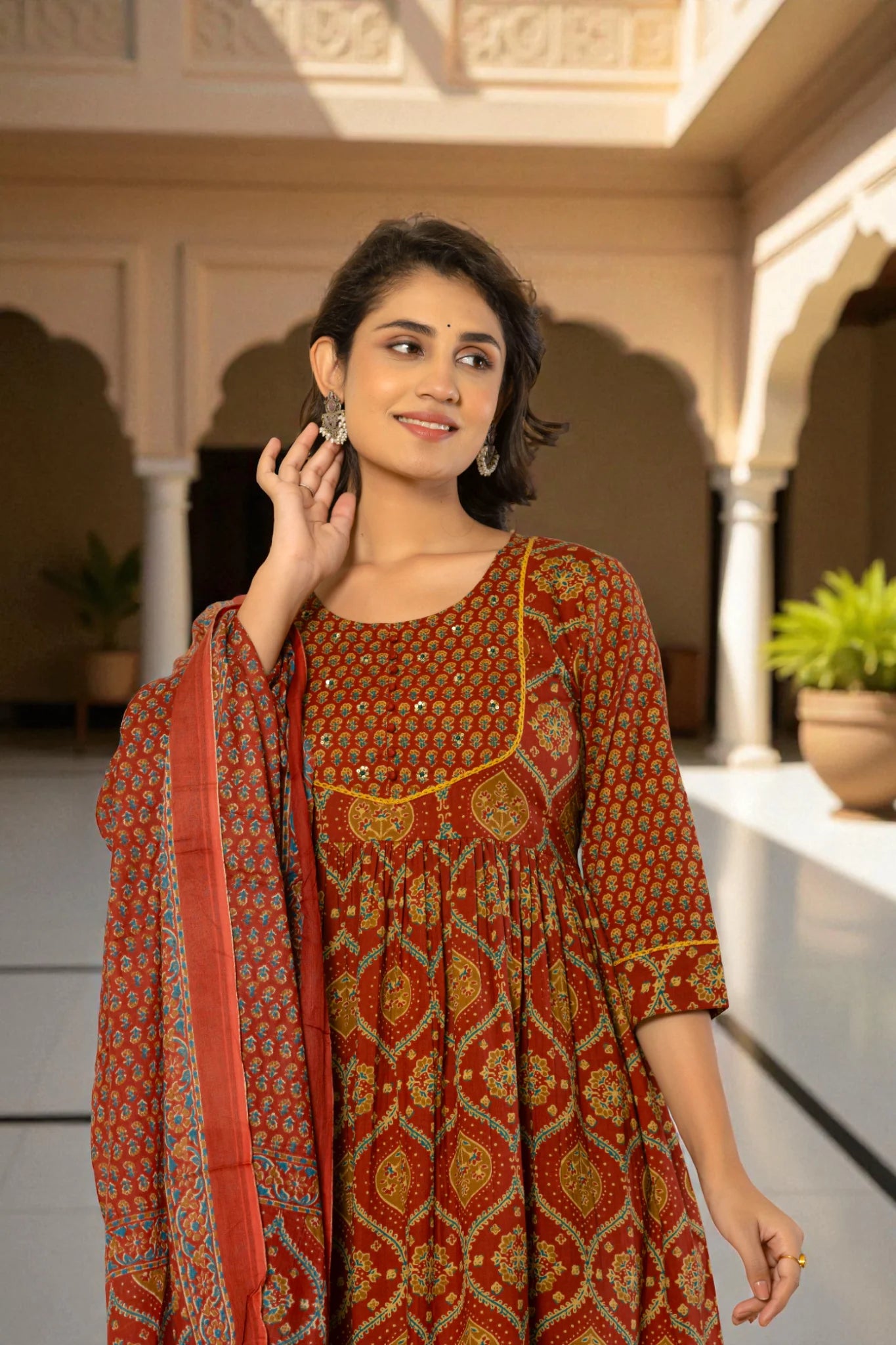 Floral Yoke Kurta Set with Printed Dupatta