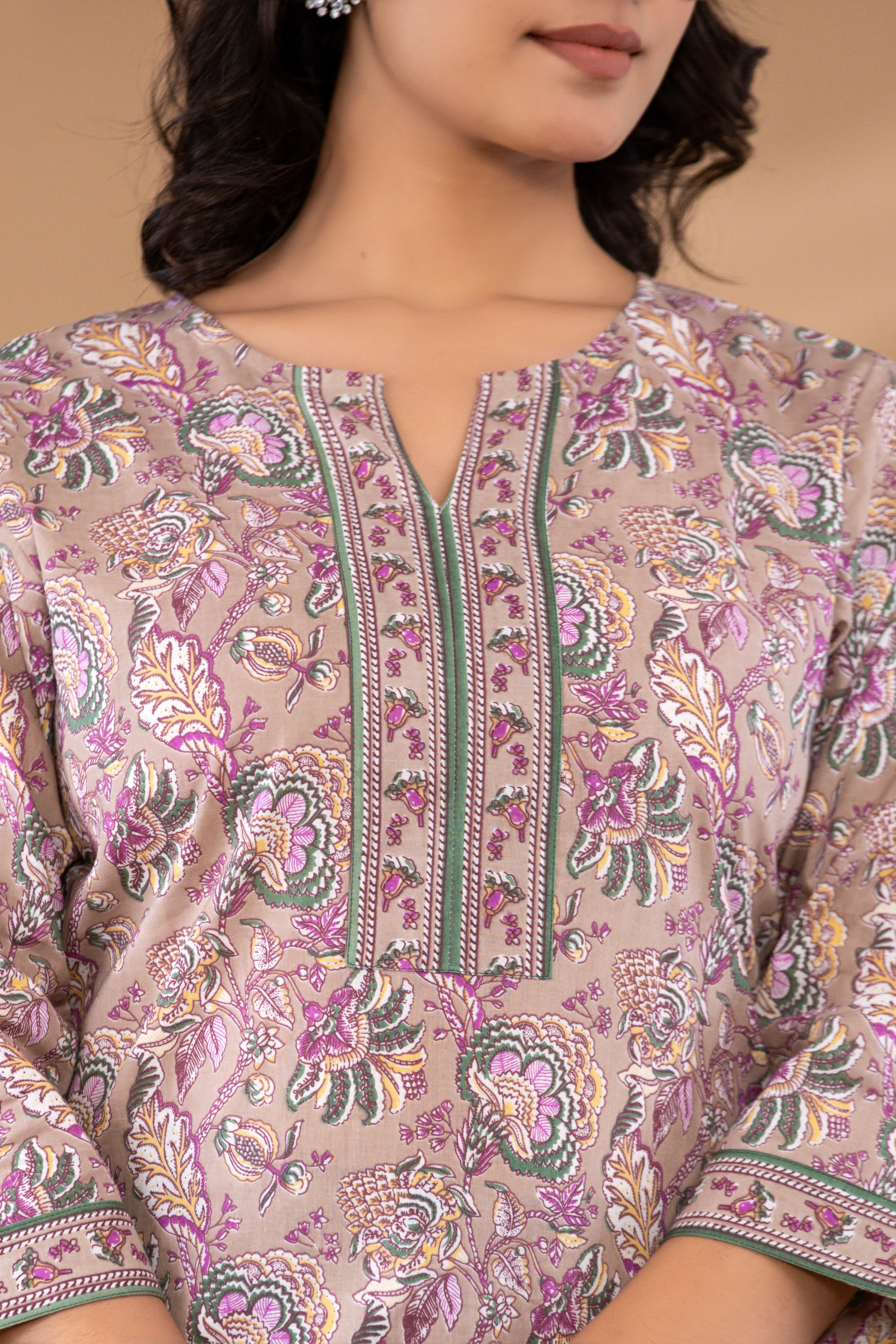 Beige Floral Printed Cotton Kurta