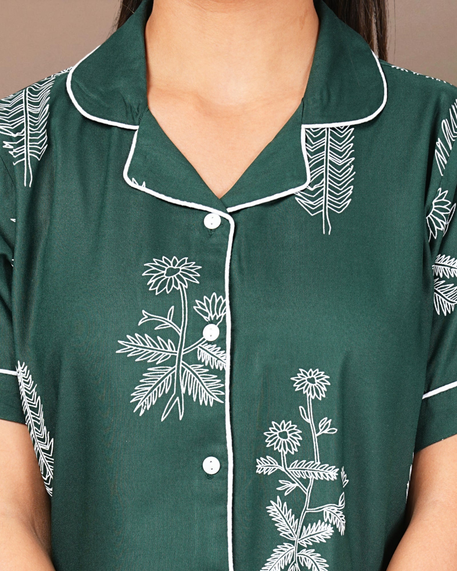 Bottle Green Floral Printed Cotton Night Suit