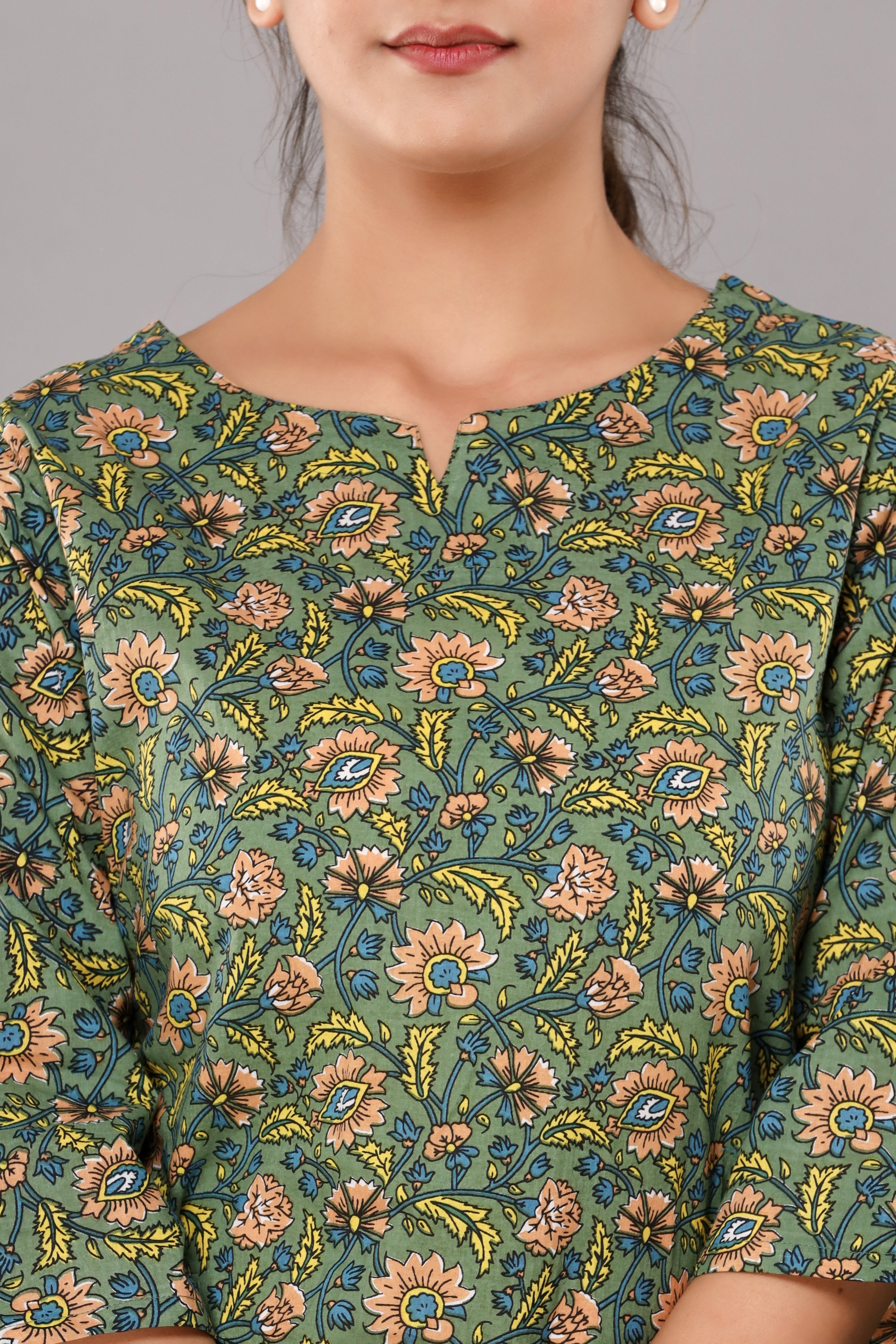 Mehendi Green Floral Cotton Night Suit