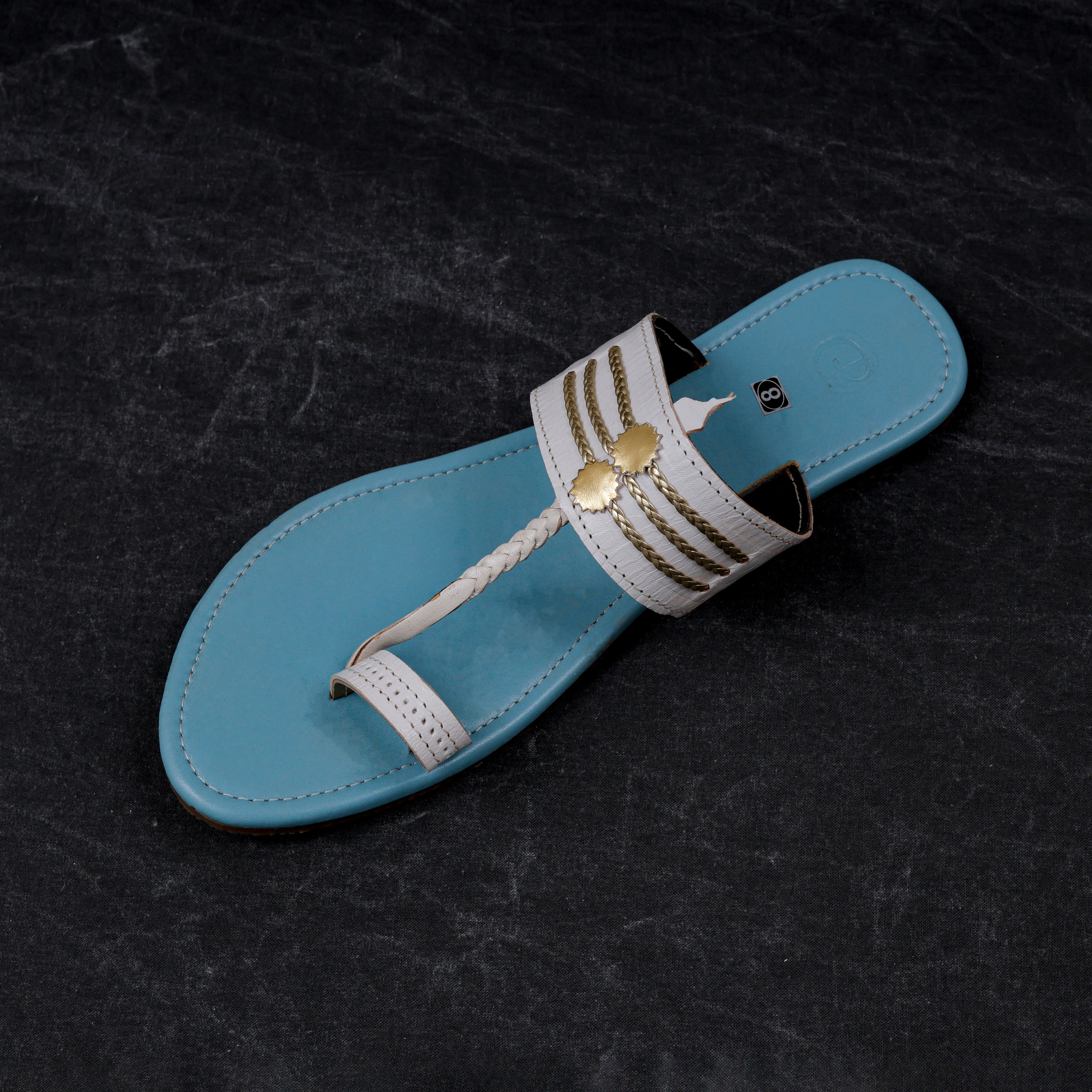 Sky Blue Open Toe Artisan Leather Flats