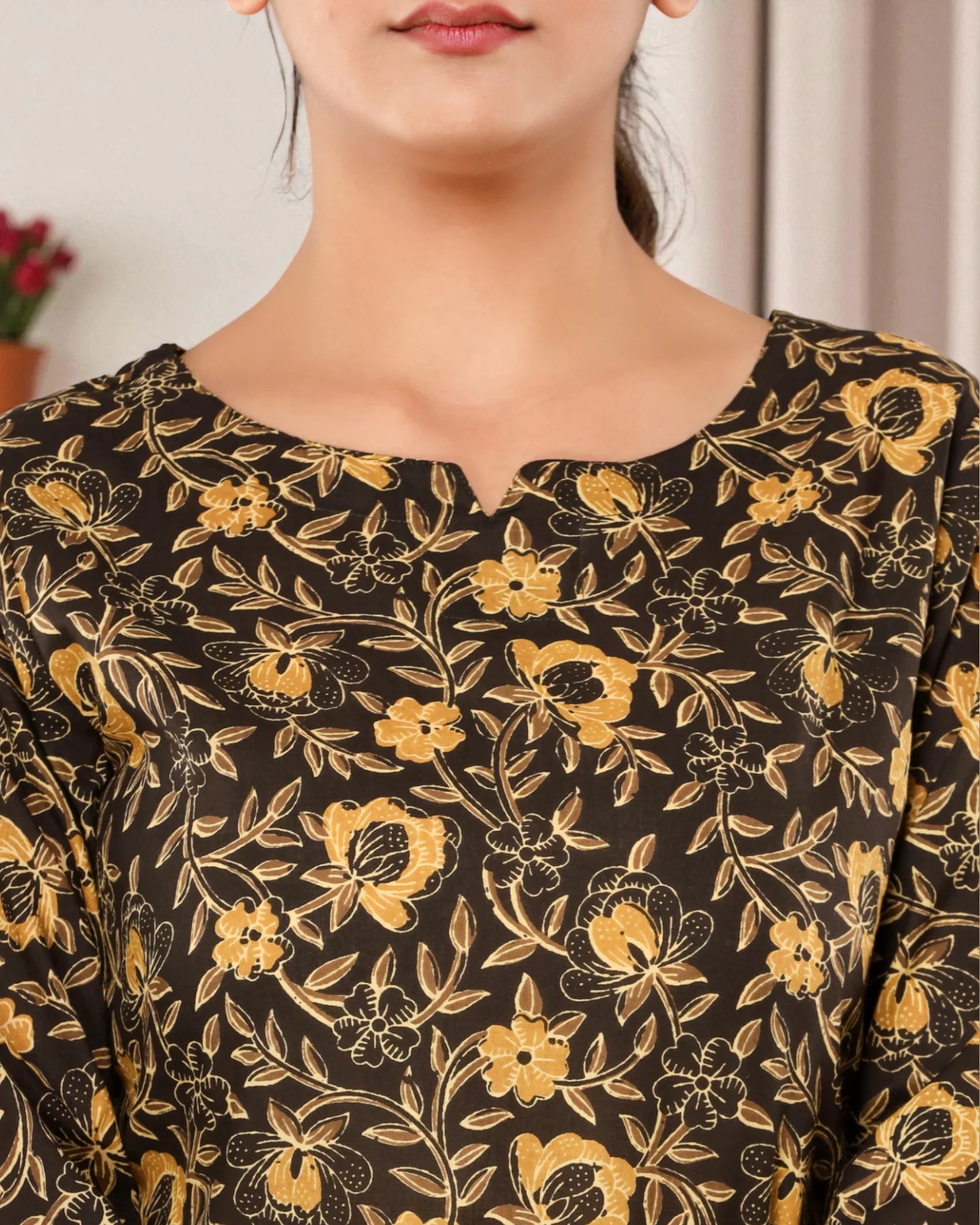 Dark Brown Floral Printed Cotton Night Suit