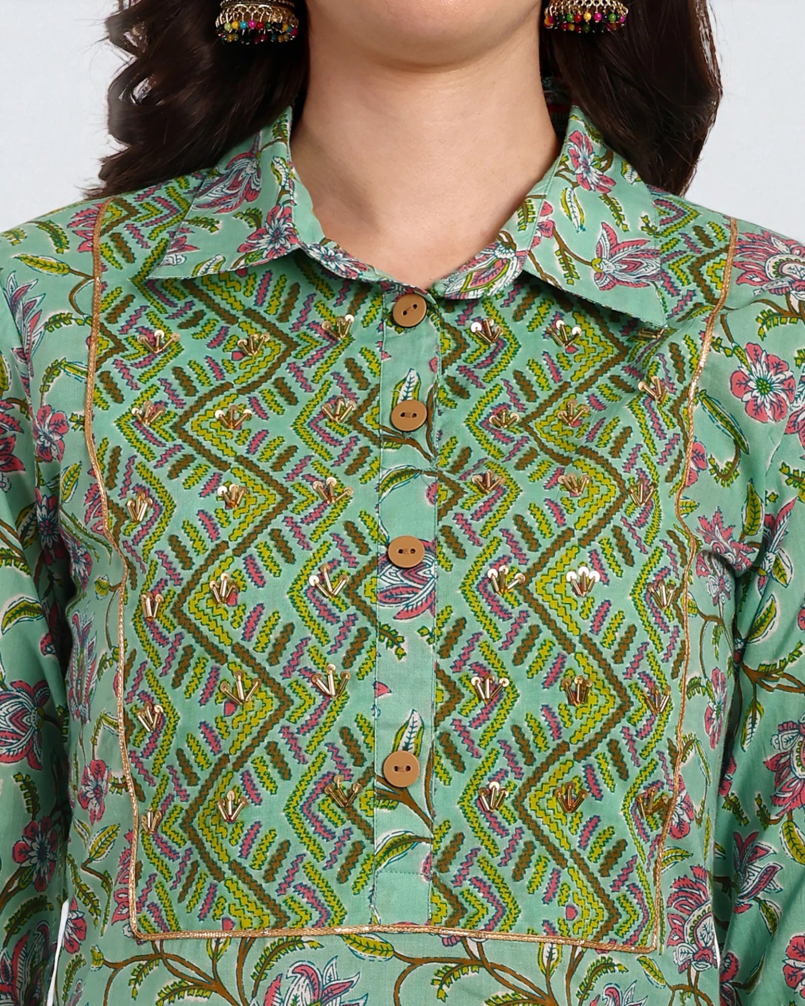 Floral Printed Cotton Kurta Set with Geometric Dupatta