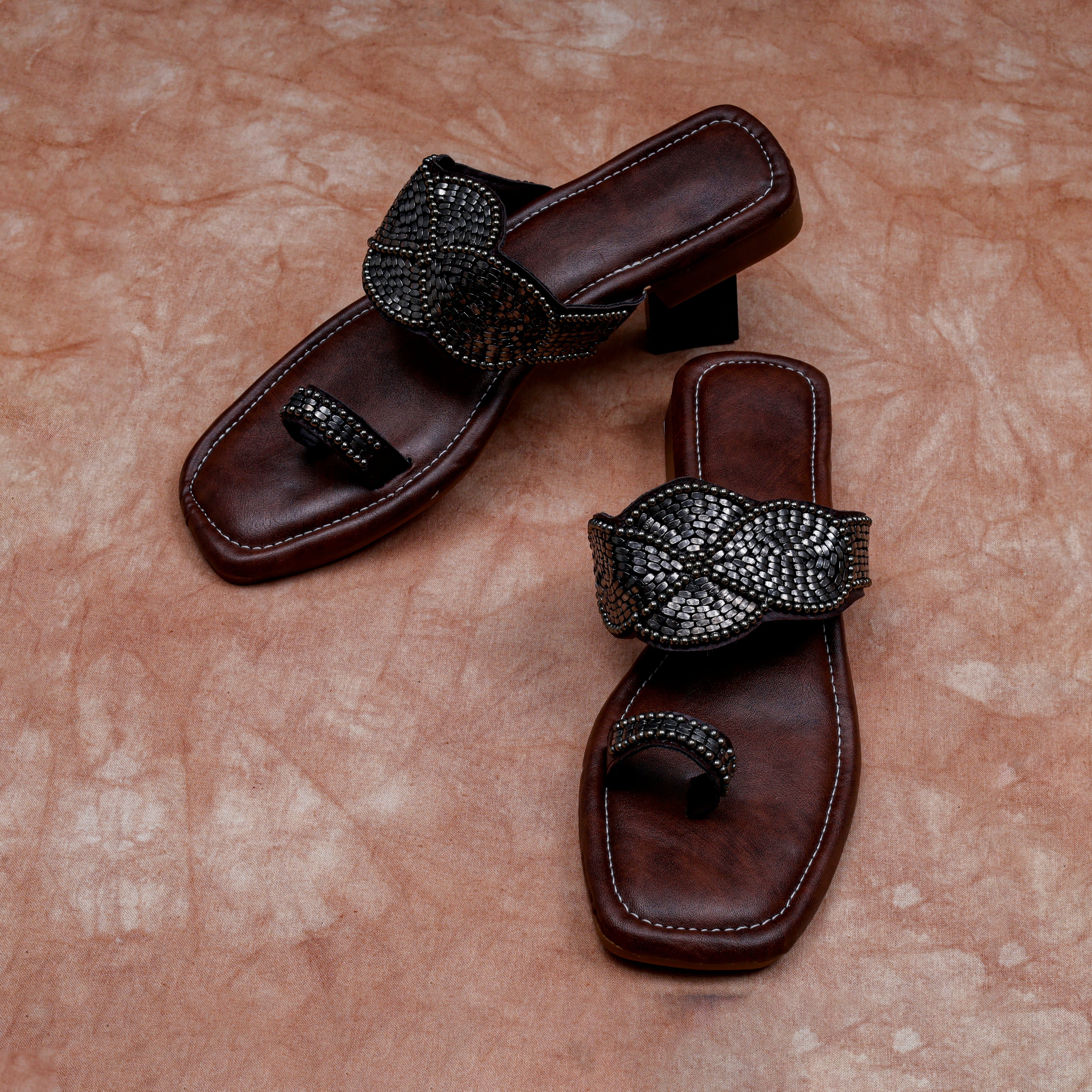 Brown Open Toe Artisan Ethnic Flats