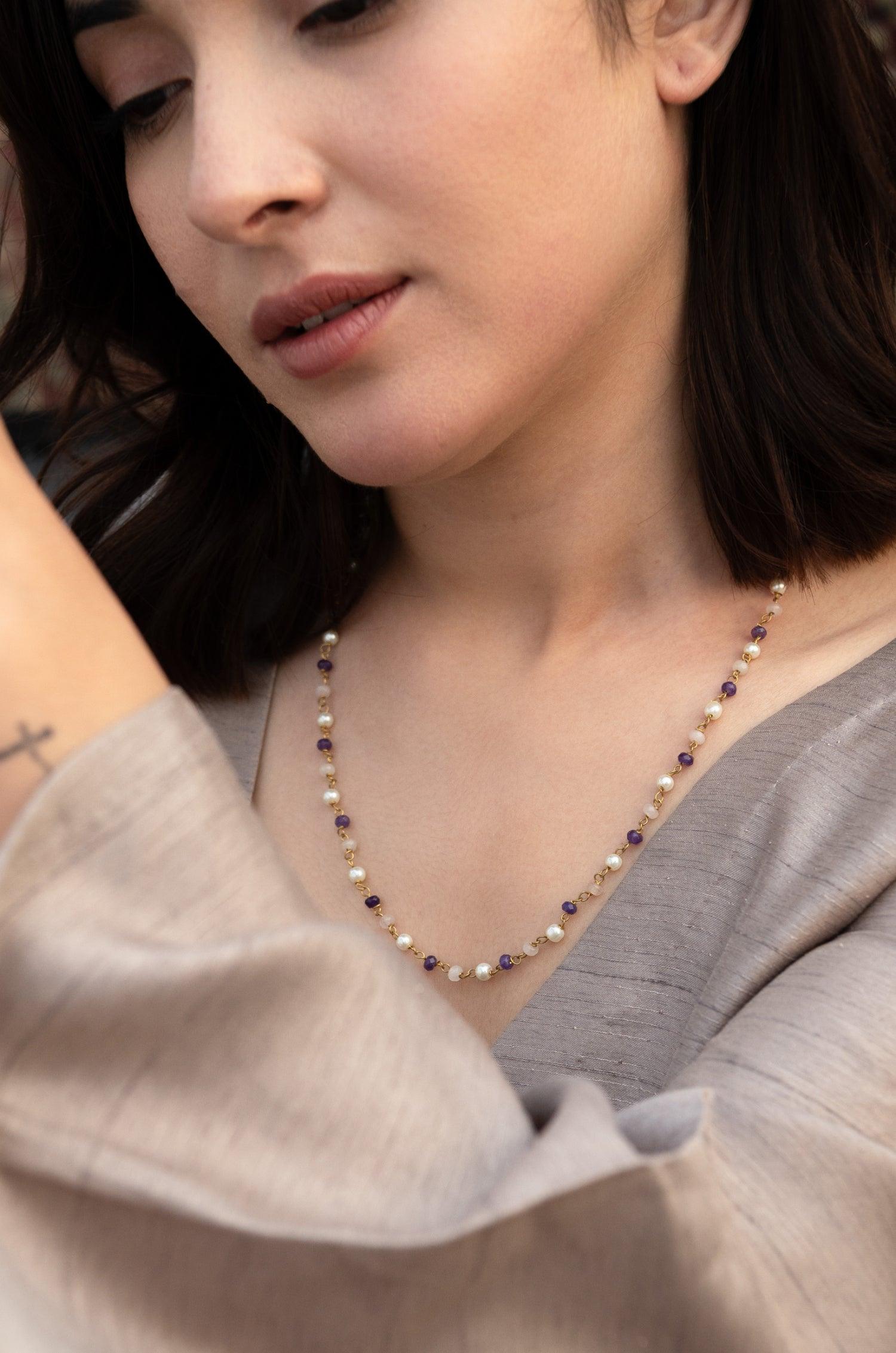 Purple Gem Pearls Necklace - Dyulokha